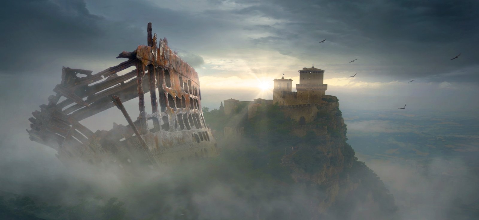 building on mountain top fantasy castle fog ship wreck mysterious 2k 4k 5k