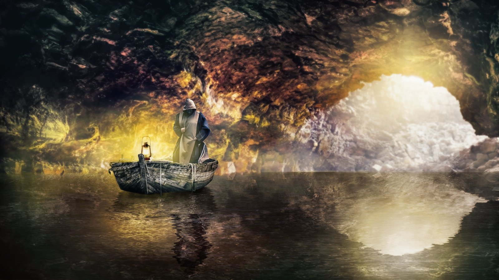 cave monk boat lantern water reflection weird ferryman 2k 4k 5k