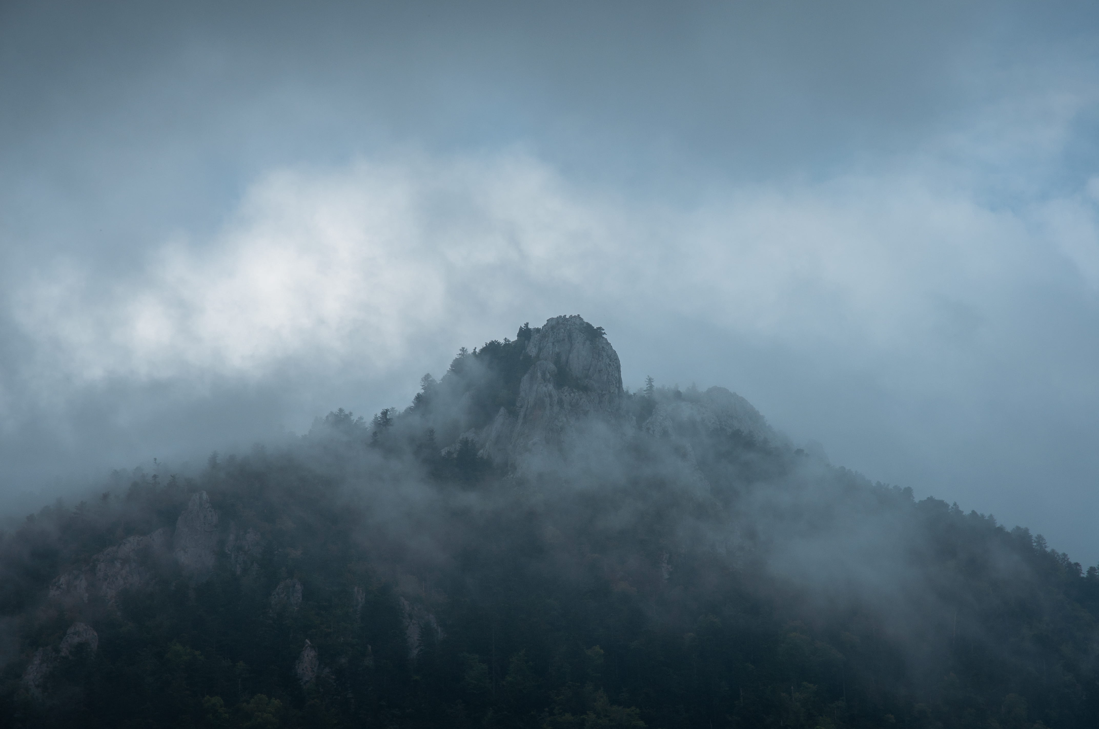 Aerial photo of tree covered mountain foggy cloud 2k 4k