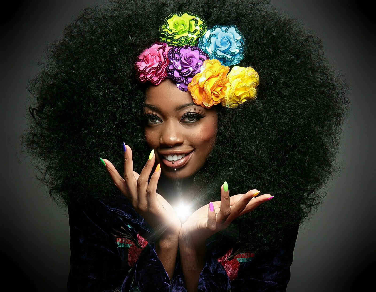 black haired woman with floral headband magic flowers fairy 2k