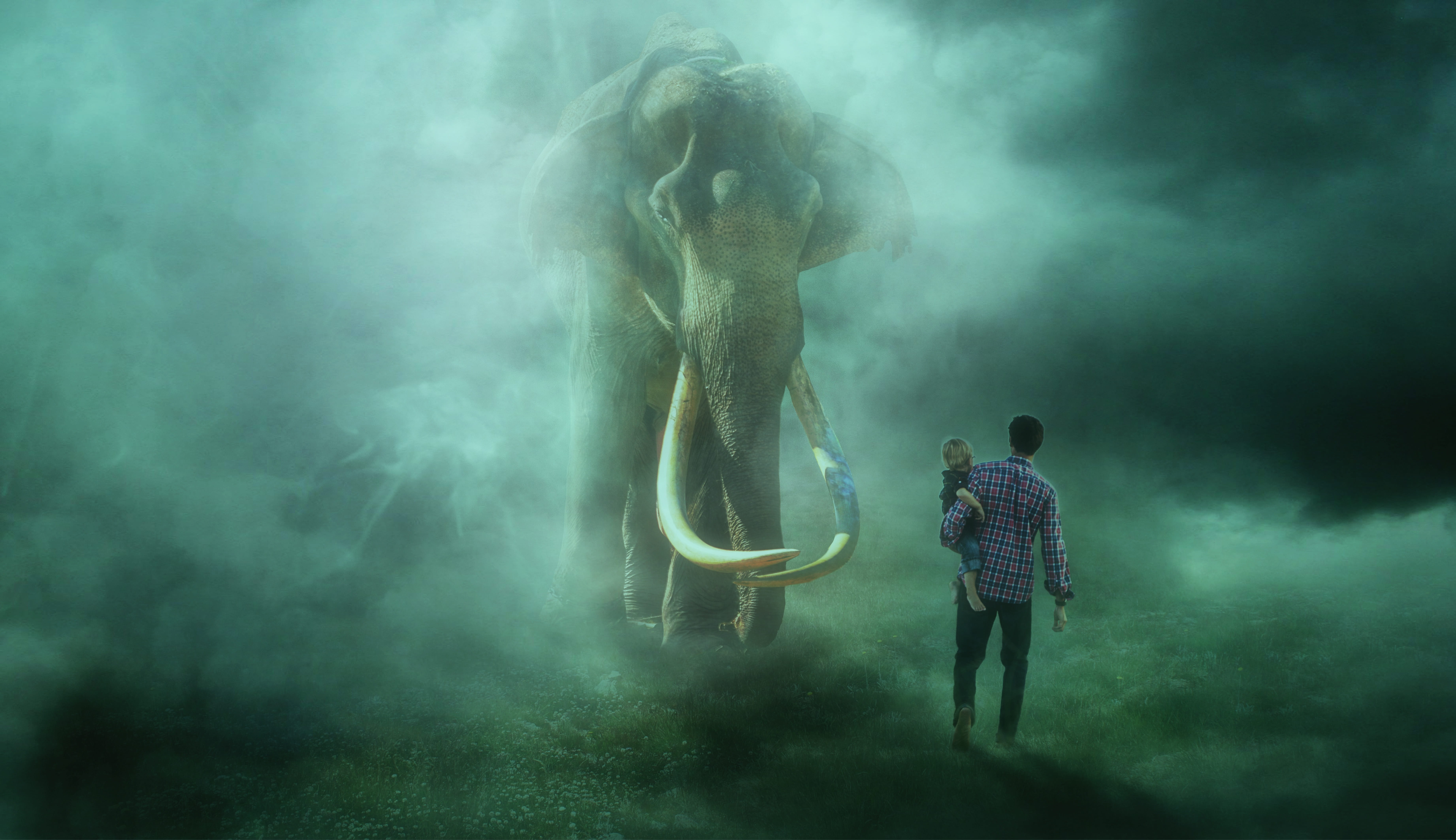 encounter elephant fog mystical fantasy composing photomontage 2k 4k 5k