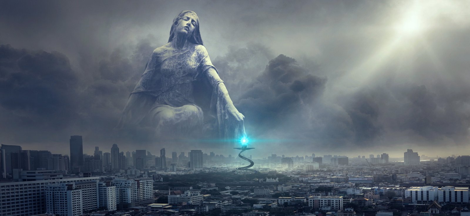 fantasy city statue light clouds blessing sun gloomy 2k 4k 5k