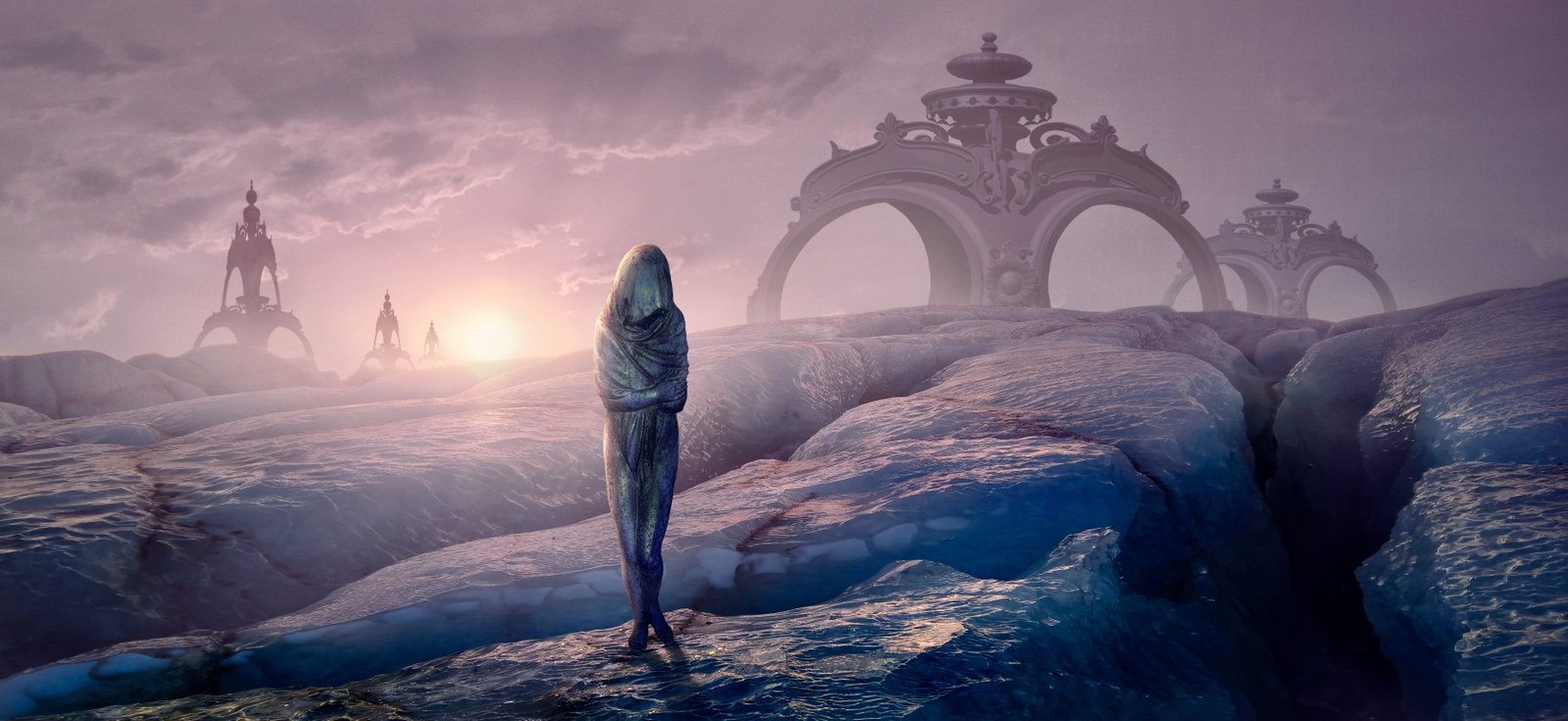 fantasy glacier ice cold figure building sun light mood 2k 4k 5k