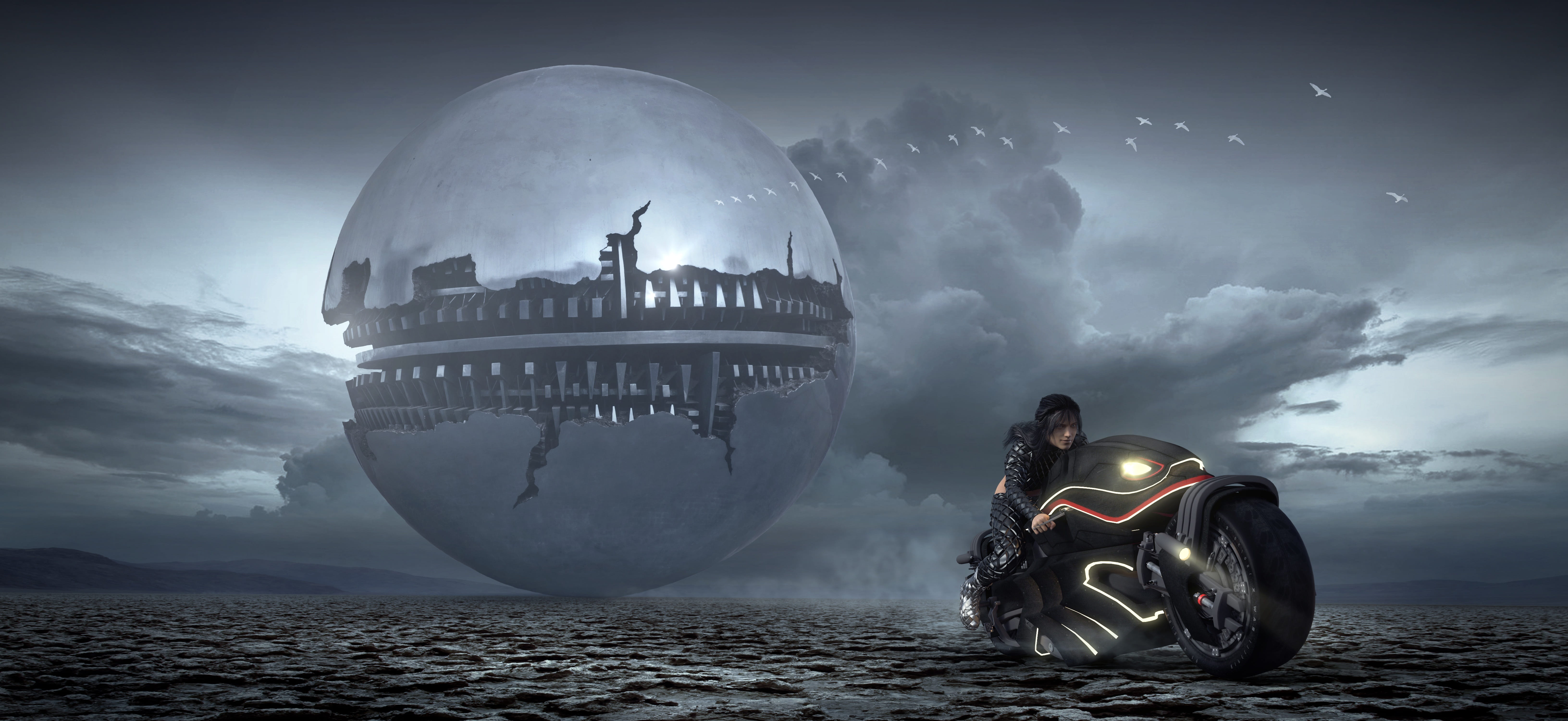 fantasy science fiction motorcycle spaceship ball clouds 2k 4k 5k