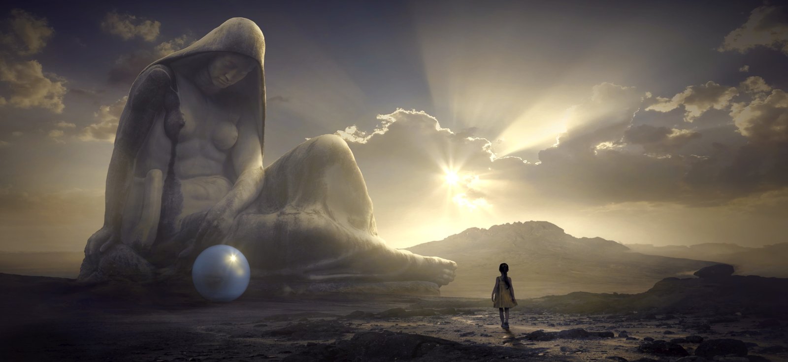 fantasy sculpture child girl light sun ball clouds spiritual 2k 4k 5k