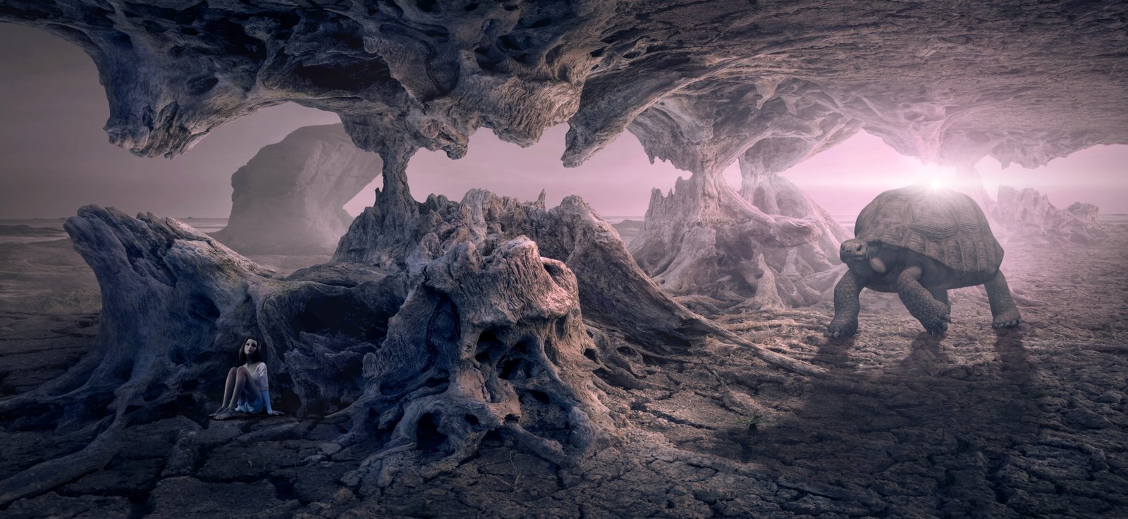 fantasy turtle girl hiding place cave light scene dream 2k 4k 5k