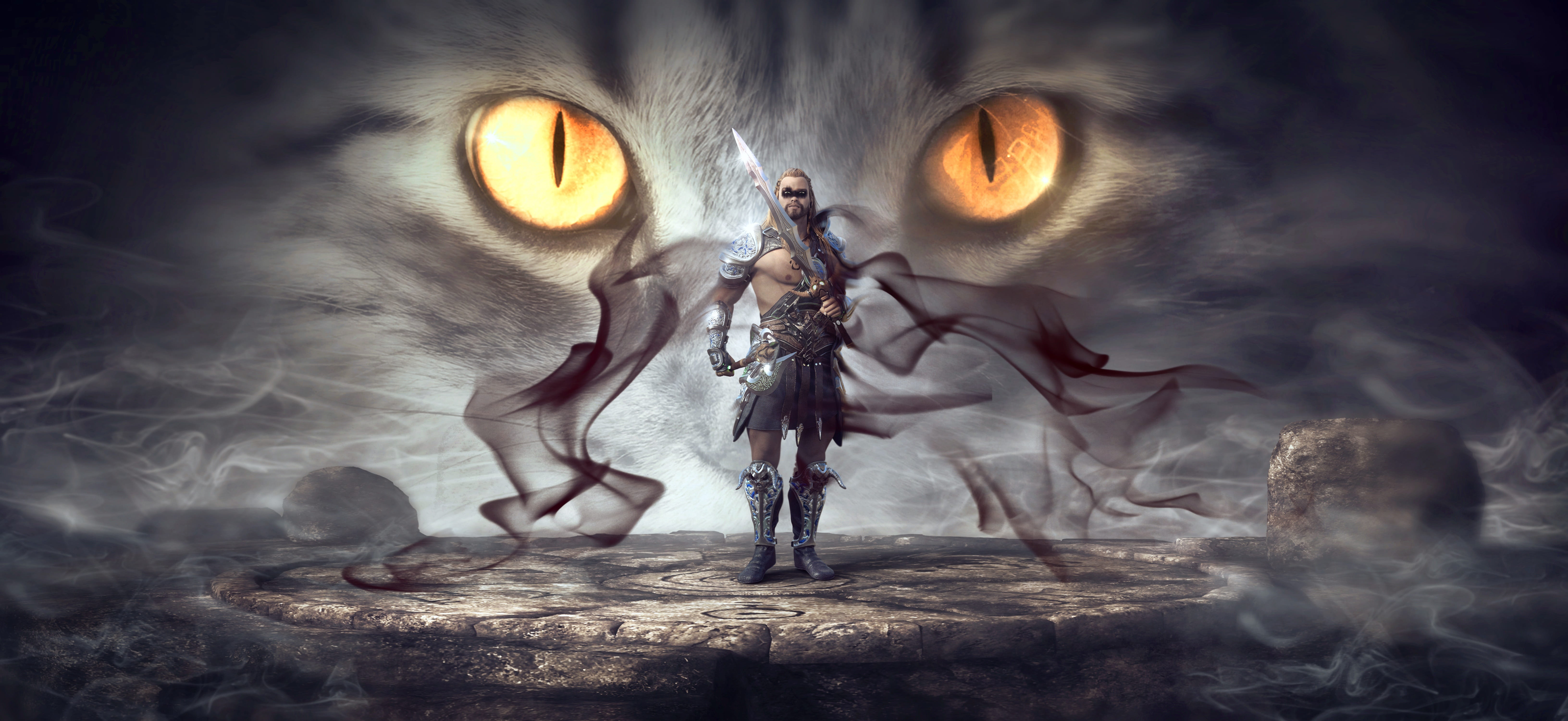 fantasy warrior mystical eyes smoke gloomy man cat fog 2k 4k 5k