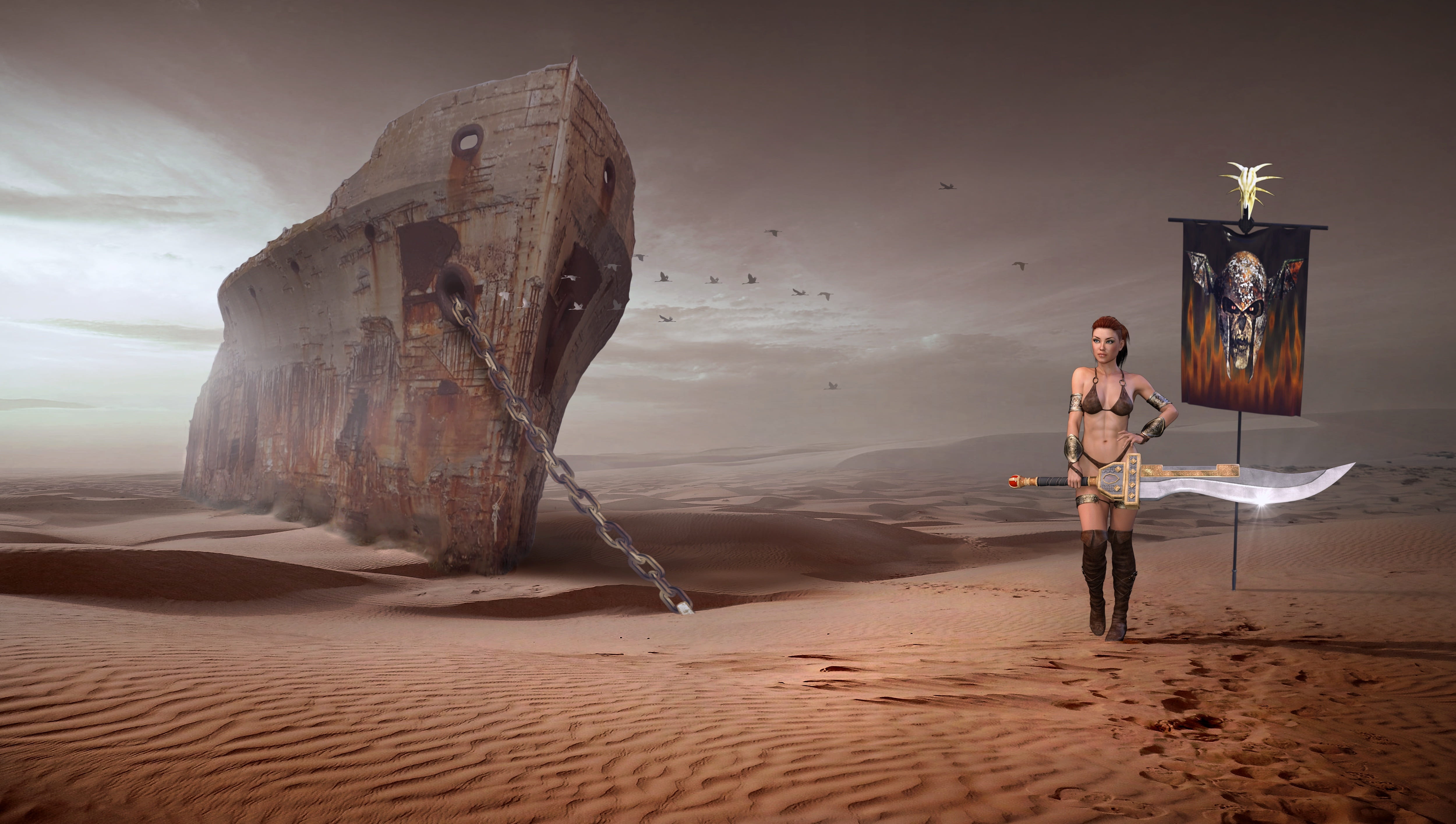 female computer game character standing beside shipwreck in desert 2k 4k 5k