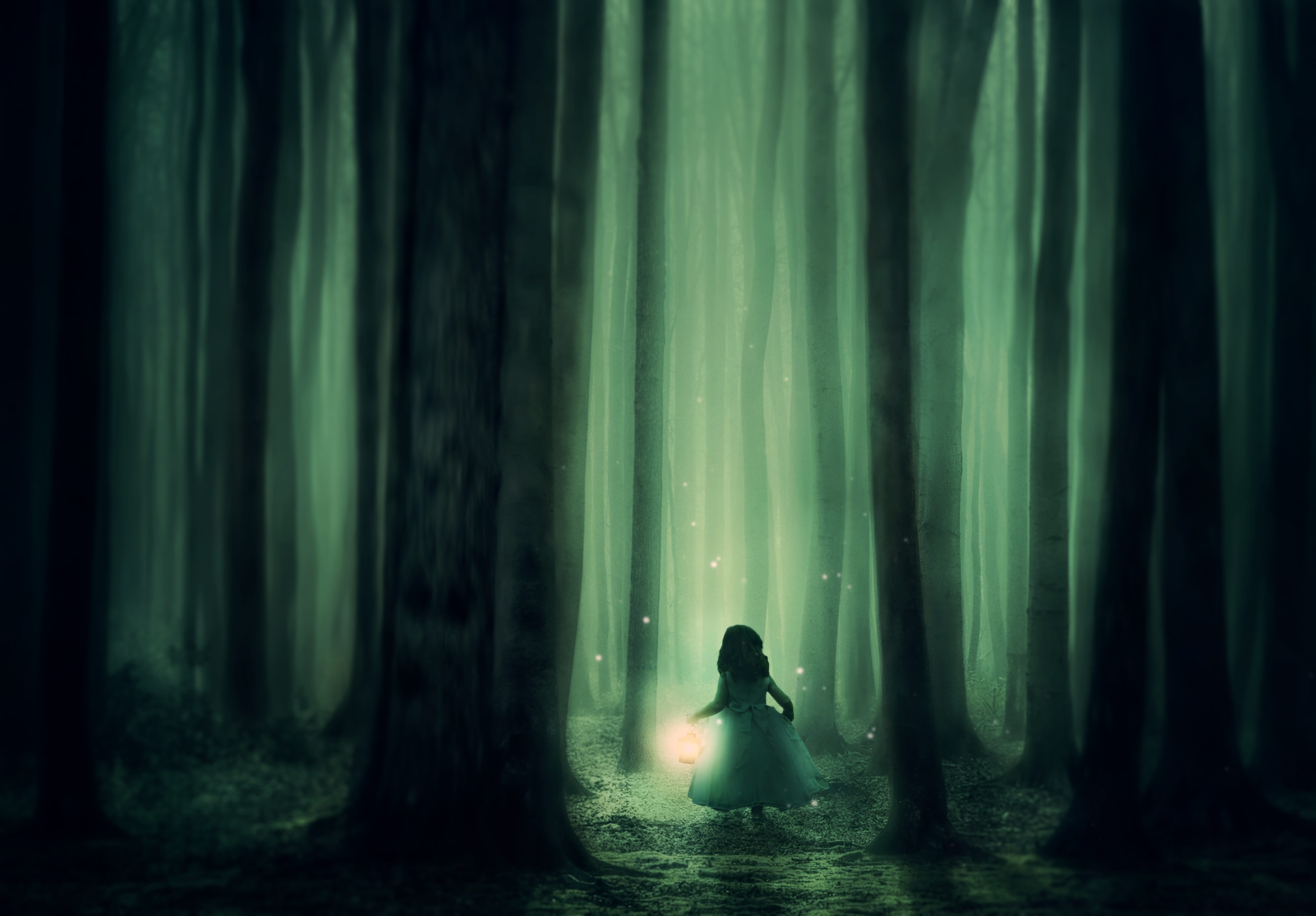 forest girl trees fog lantern lighting atmosphere mysterious 2k 4k 5k