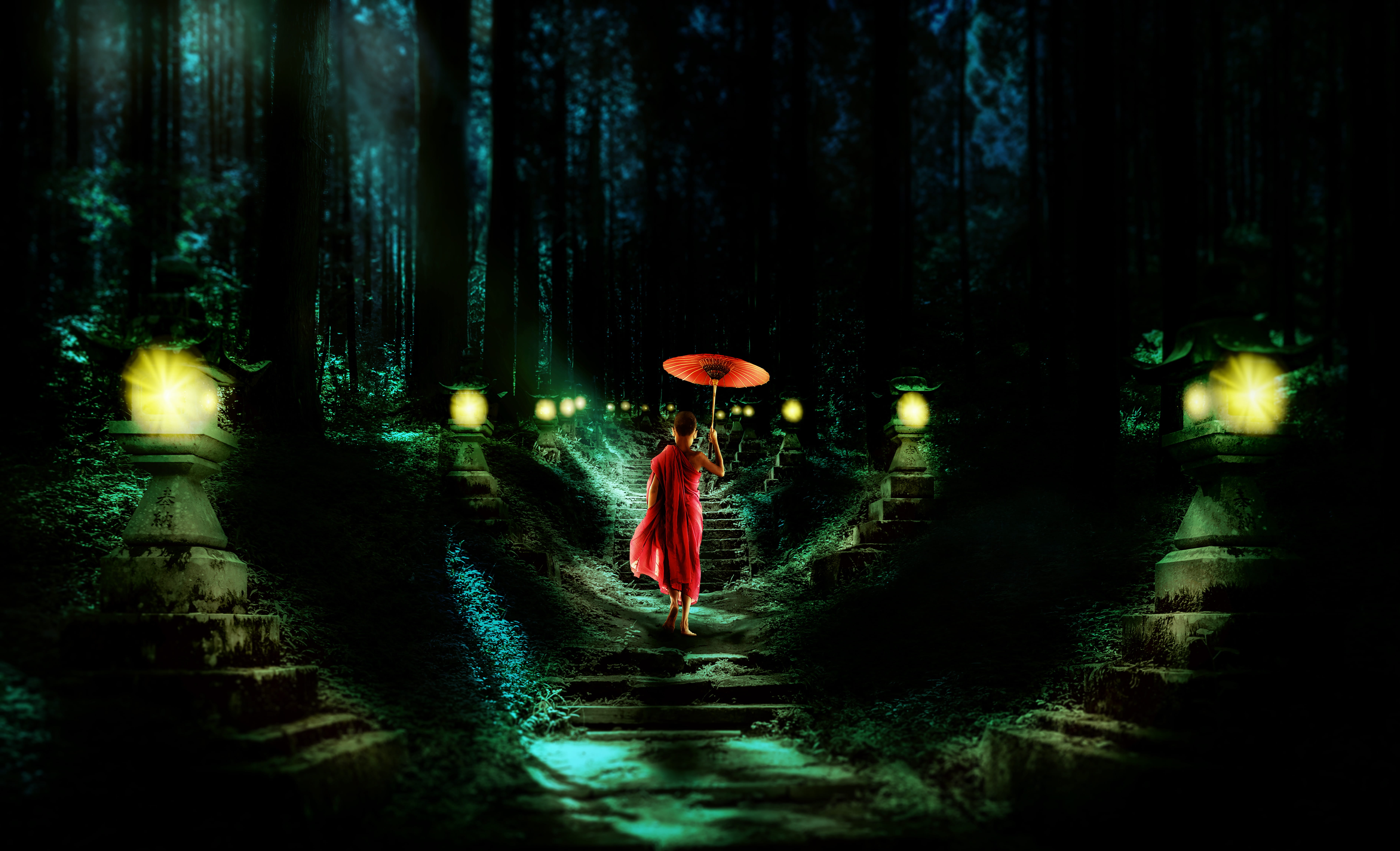 forest stairs monk stone lanterns path trees moss moonlight 2k 4k 5k 8k