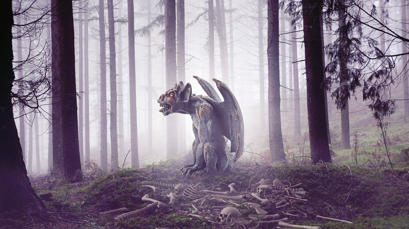 gargoyle statue sculpture skull mystical forest fog tree 2k 4k