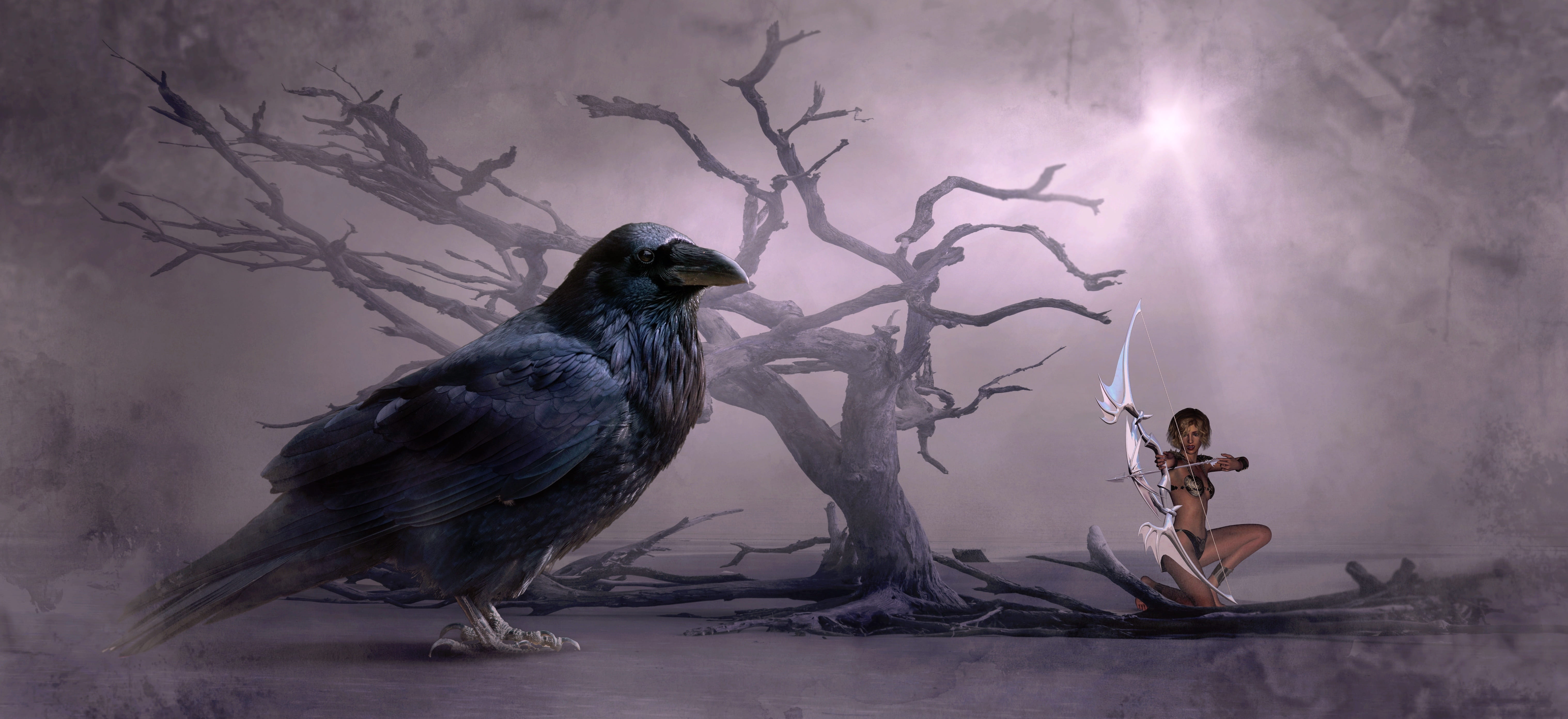 giant bird and a lady archer wallpaper fantasy crow tree arrow 2k 4k 5k