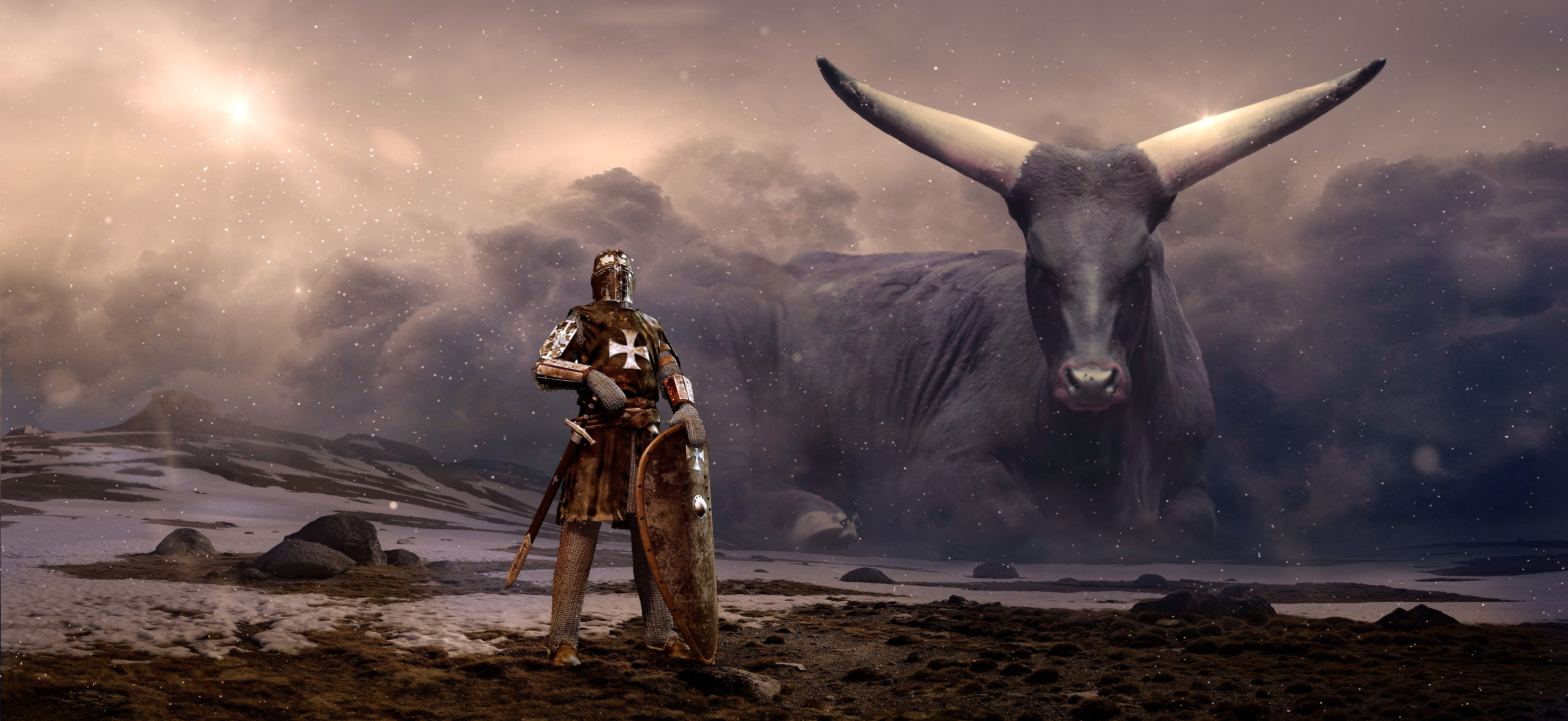 gladiator holding shield wallpaper fantasy knight beef clouds 2k 4k 5k