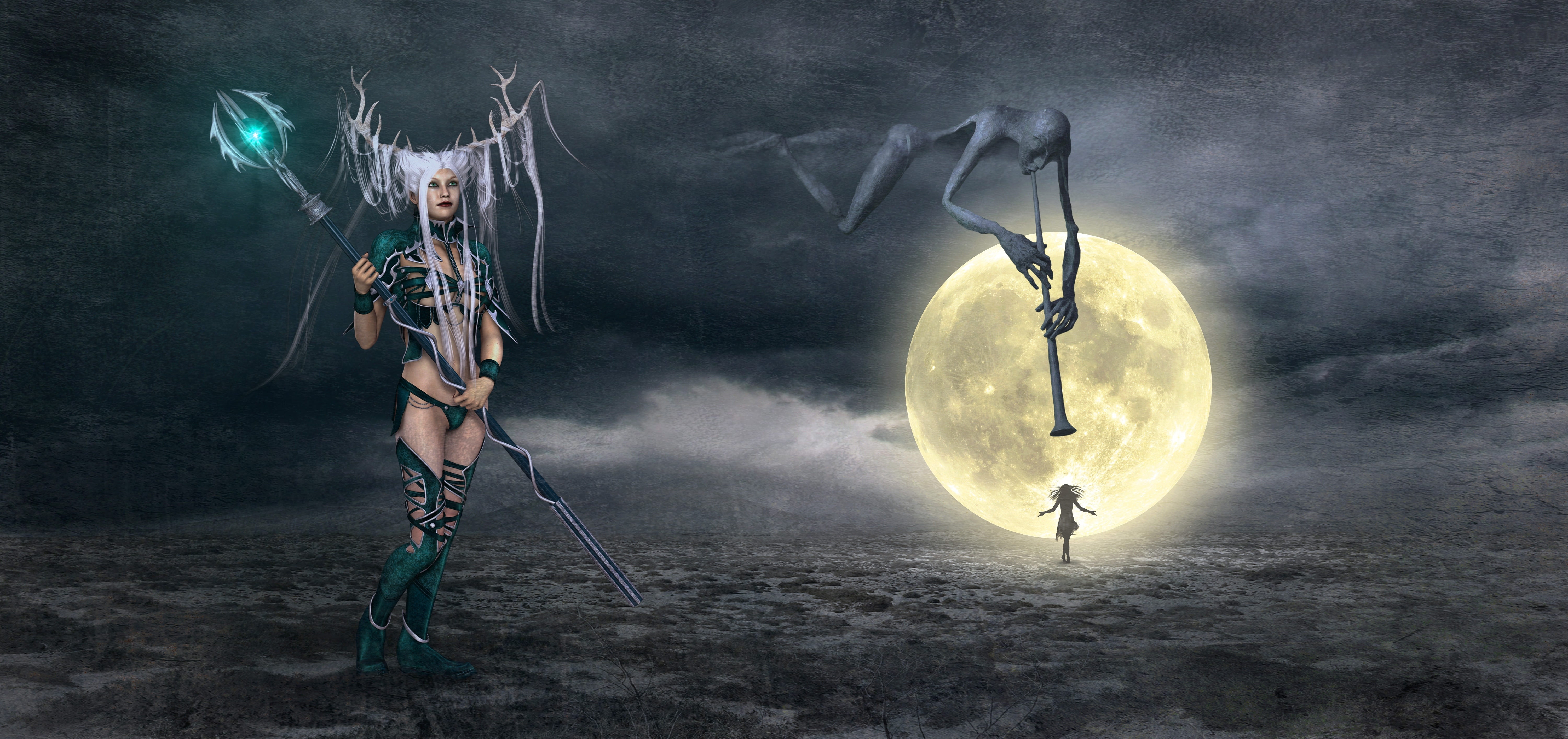 gray haired female anime holding wand fantasy moon fee landscape 2k 4k 5k