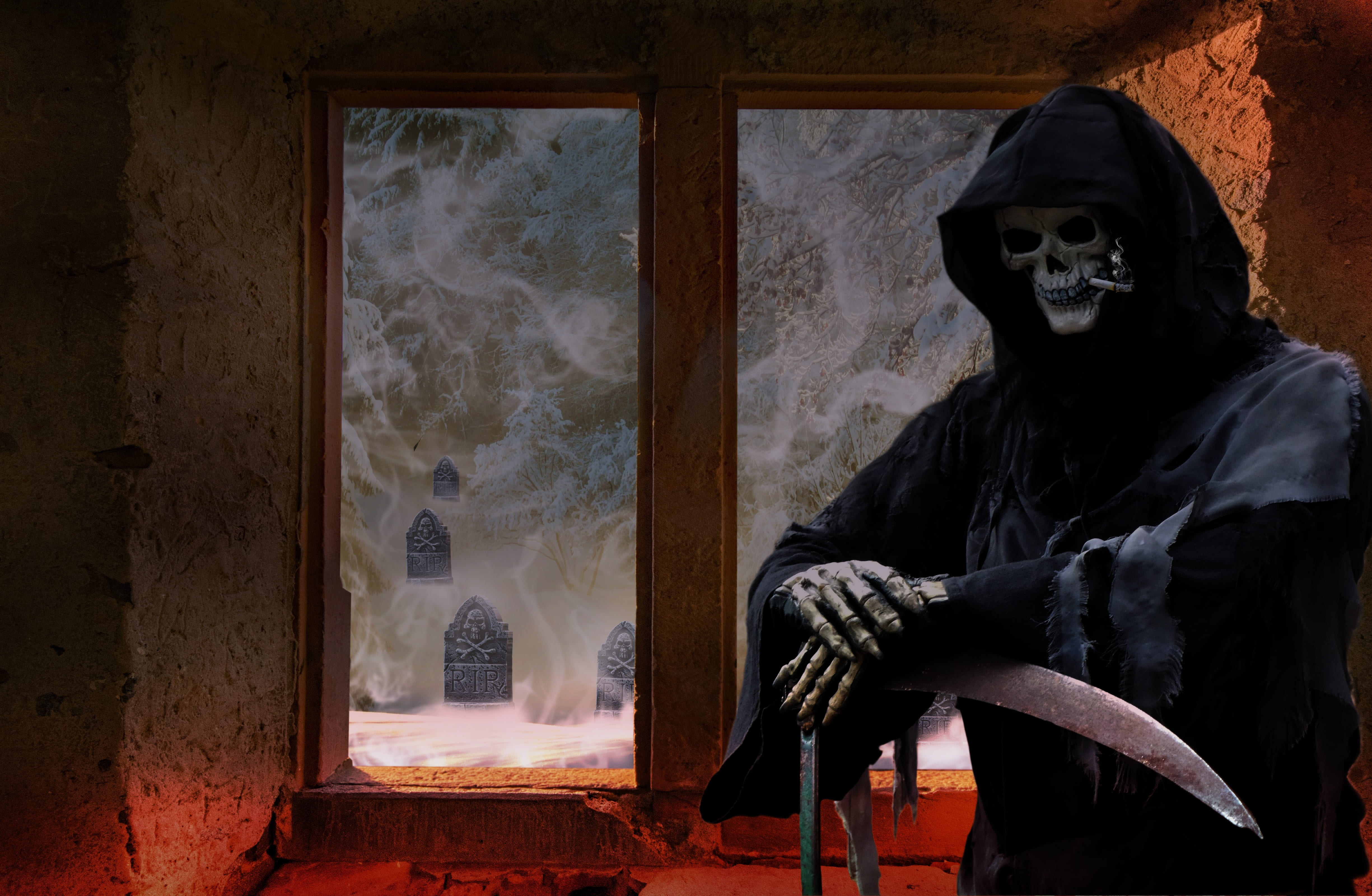 grim reaper costume near brown window inside room fantasy composing 2k 4k 5k