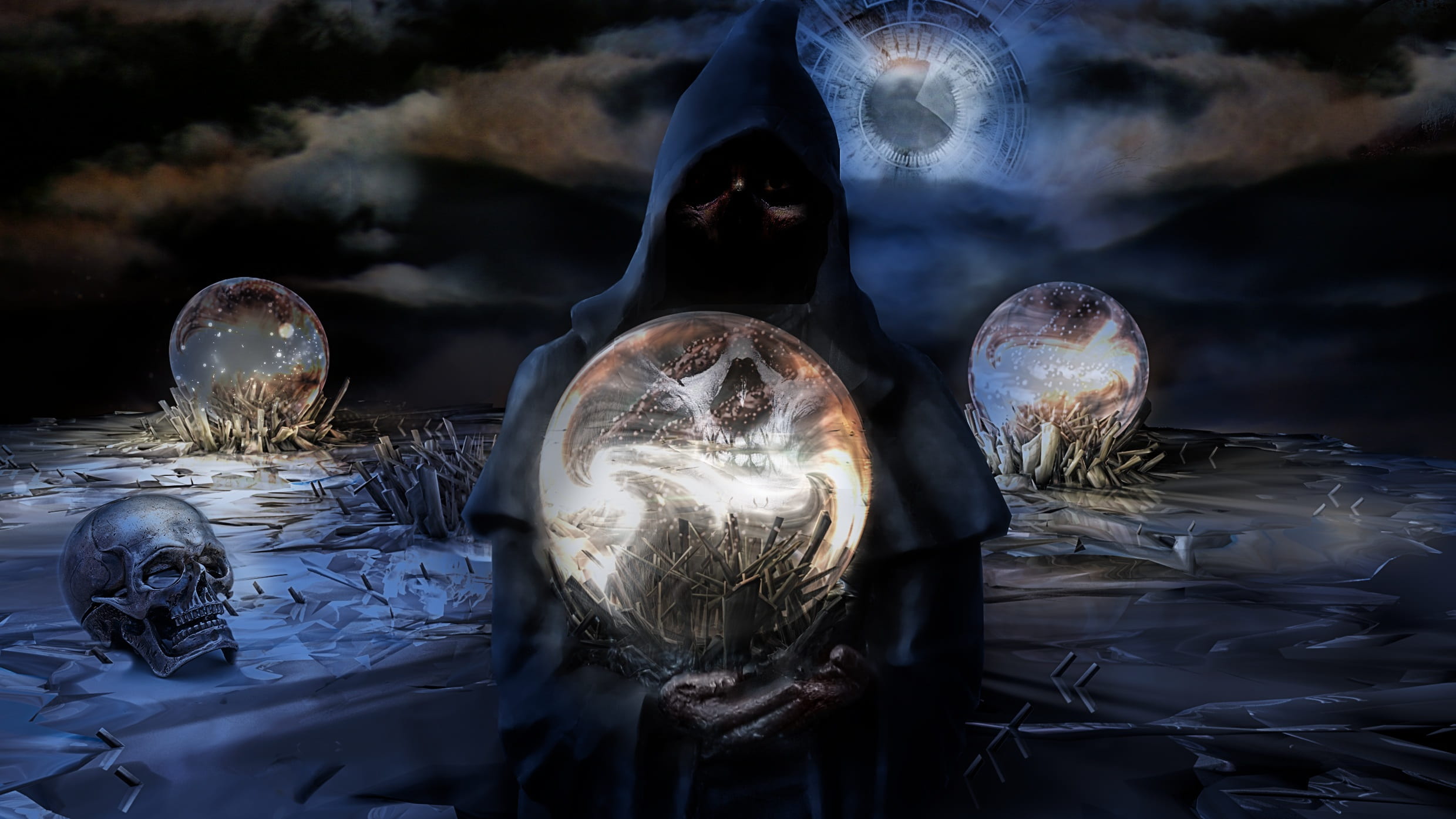 grim reaper holding glass ball graphic wallpaper fantasy horror 2k