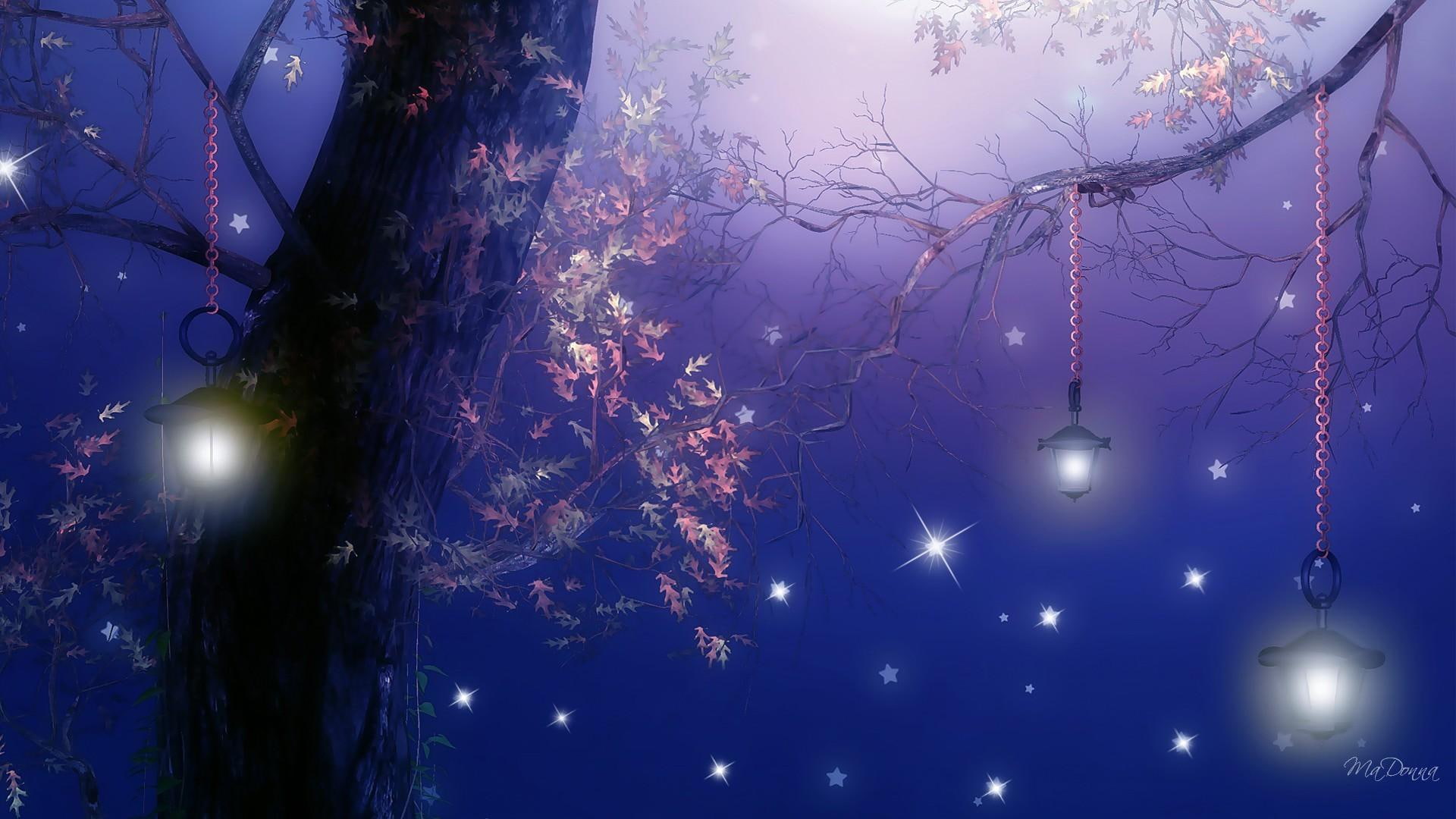 Help To Light The Moon stars bright leaves trees mystical 2k