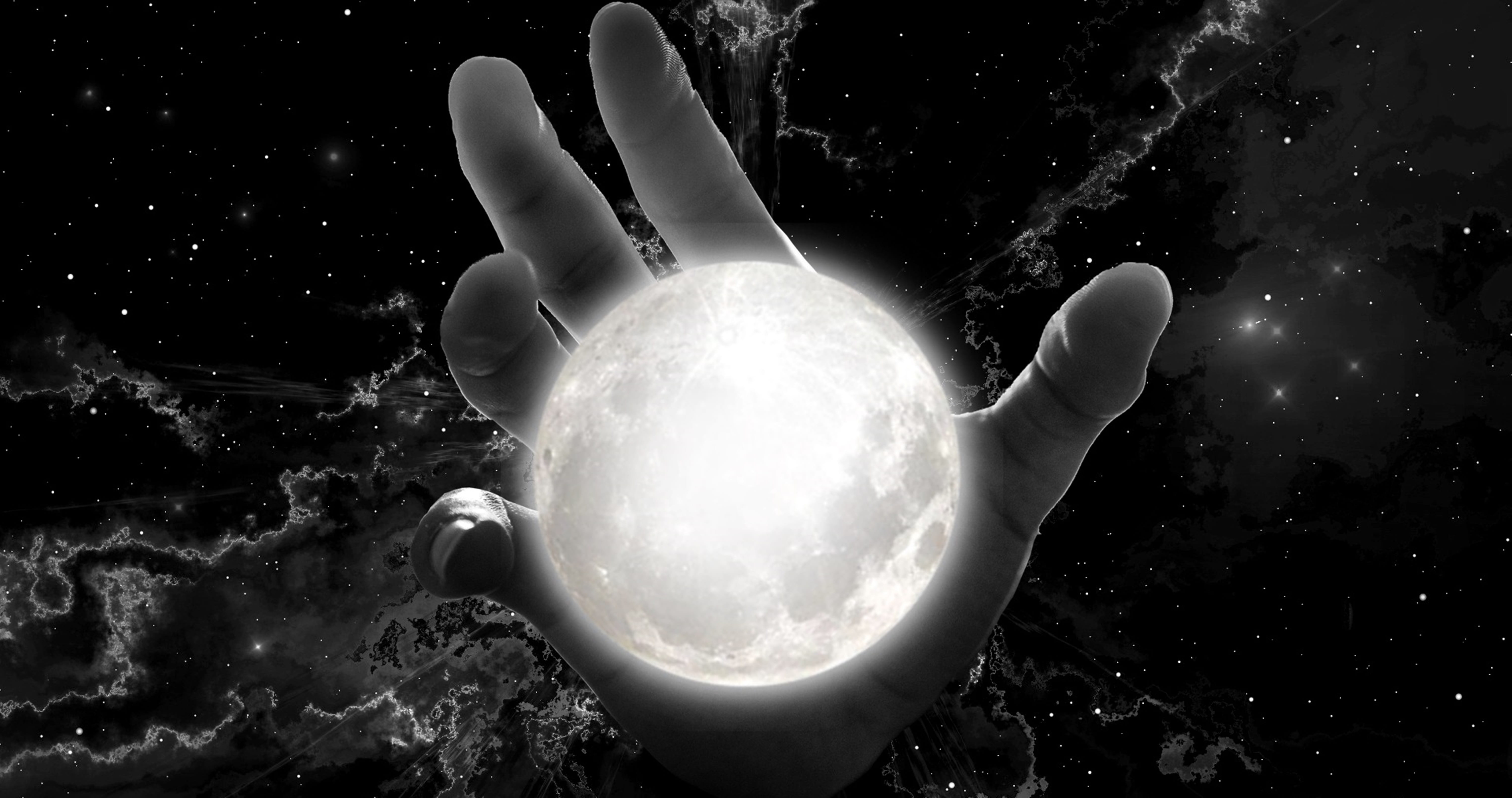 human hand holding moon space night fantasy sky surreal 2k 4k 5k