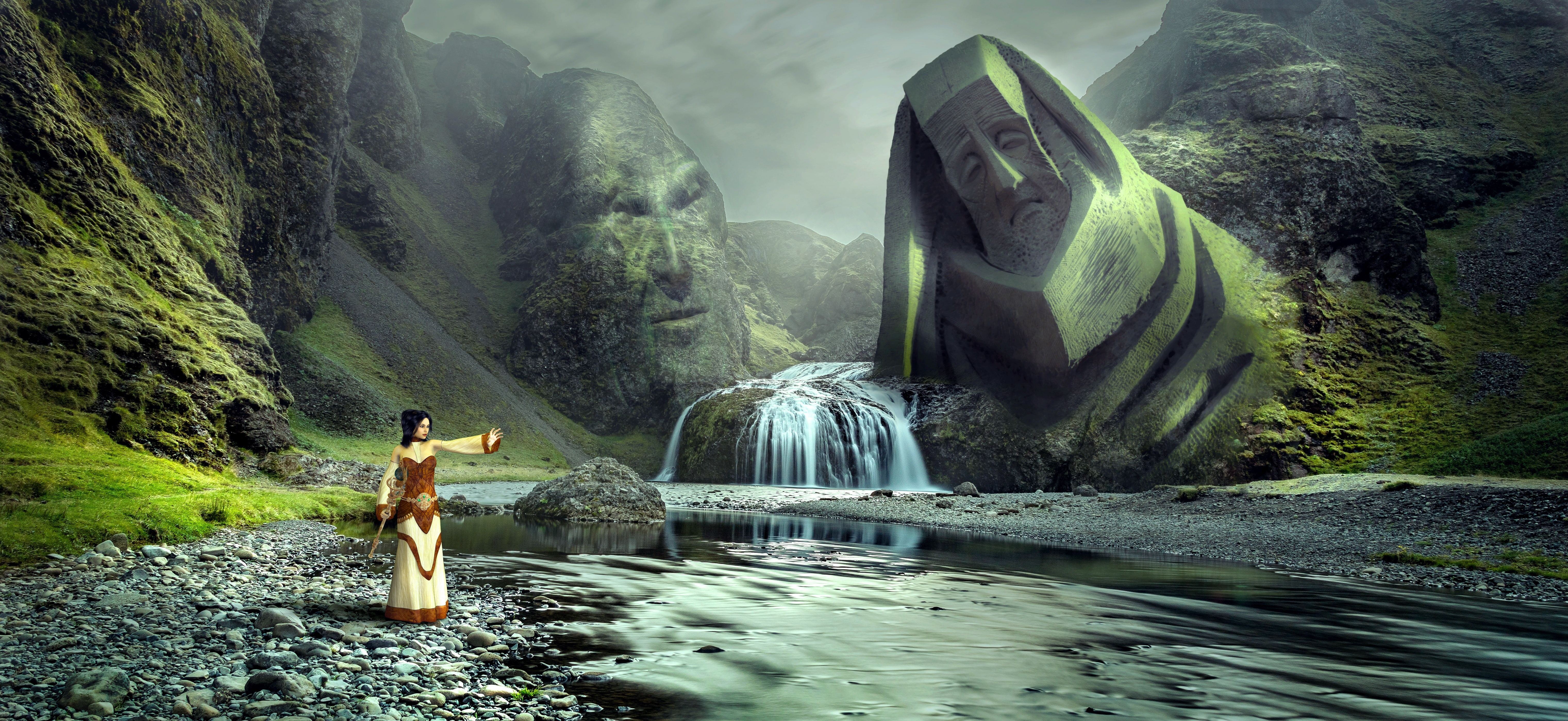 landscape face fantasy magic woman waterfall sleep mystic 2k 4k 5k