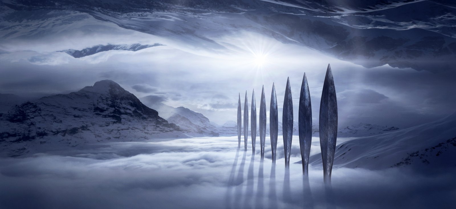 landscape fantasy mountains cold monument columnar light 2k 4k 5k