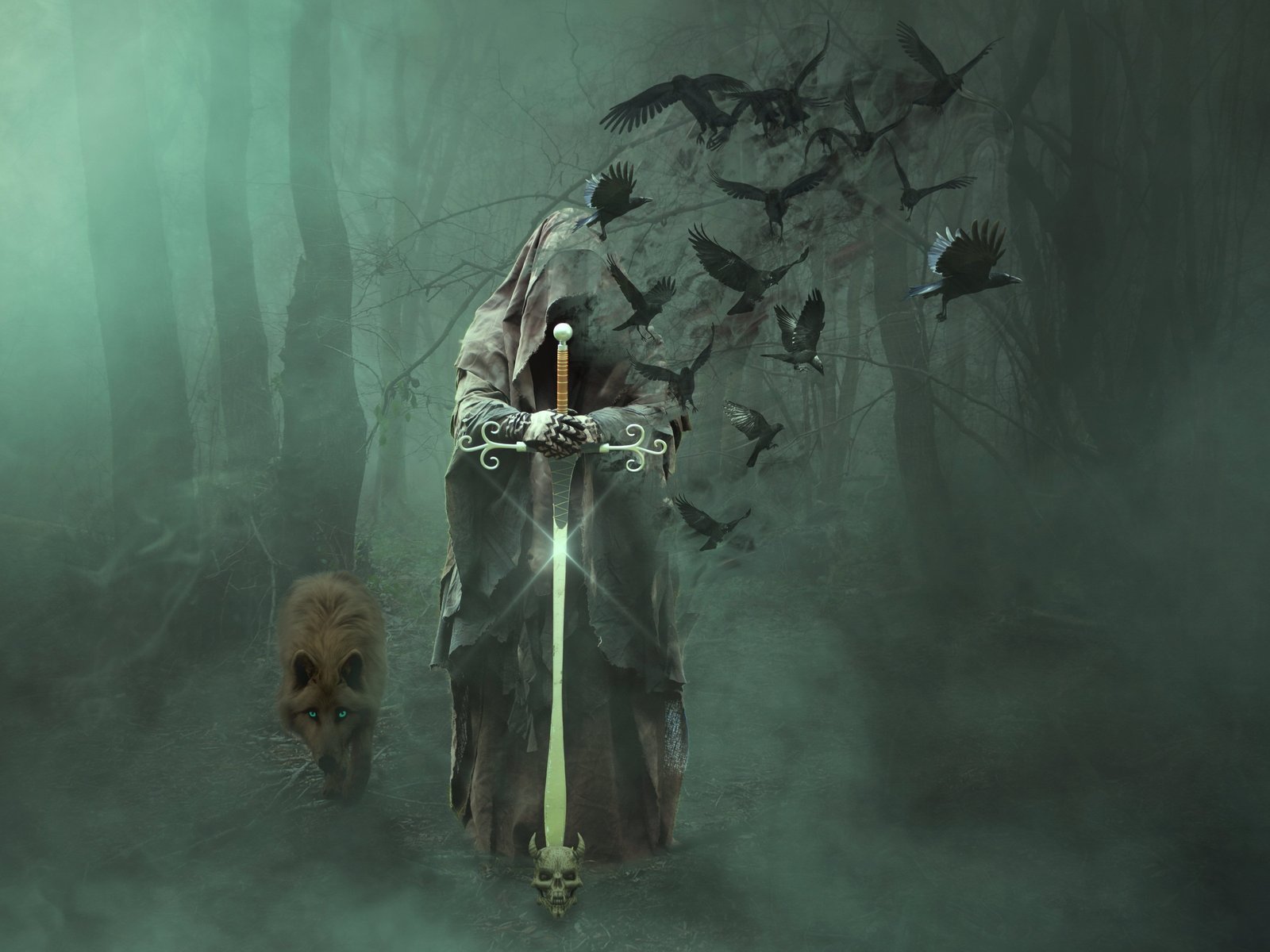 man holding a sword game wallpaper magician forest wolf fantasy 2k 4k 5k
