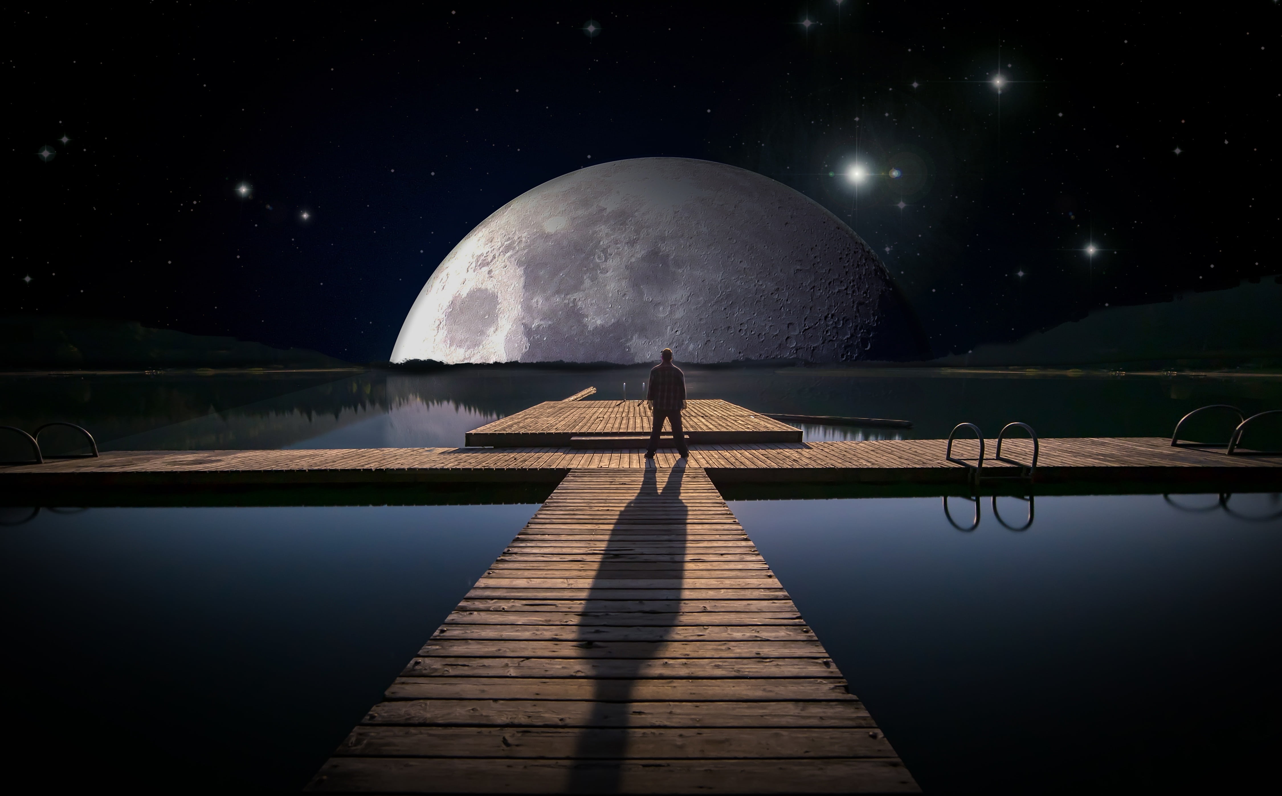 man standing on dock facing moon digital wallpaper lake web 2k 4k 5k