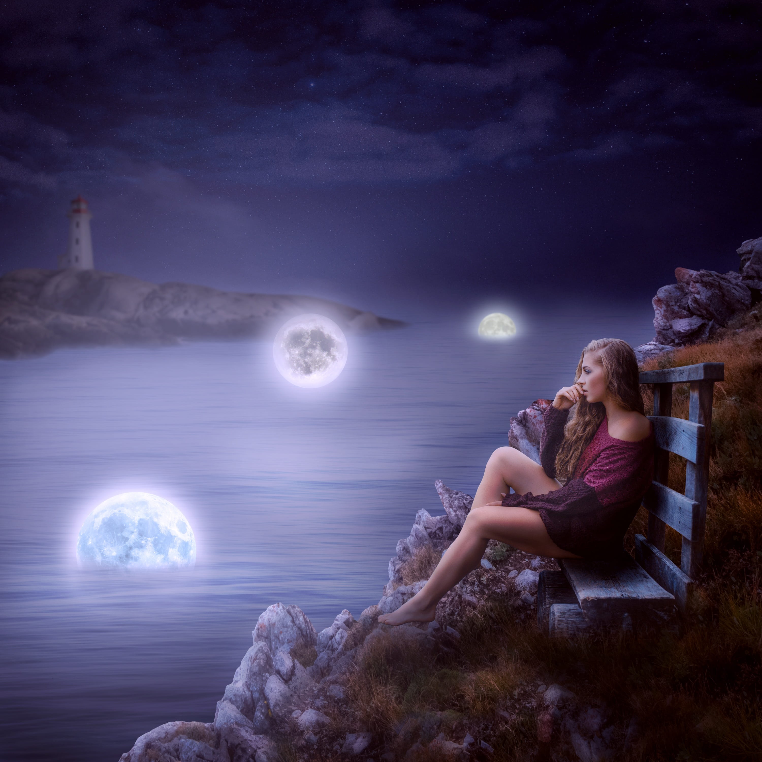 moon girl bench breakage water lighthouse night river 2k