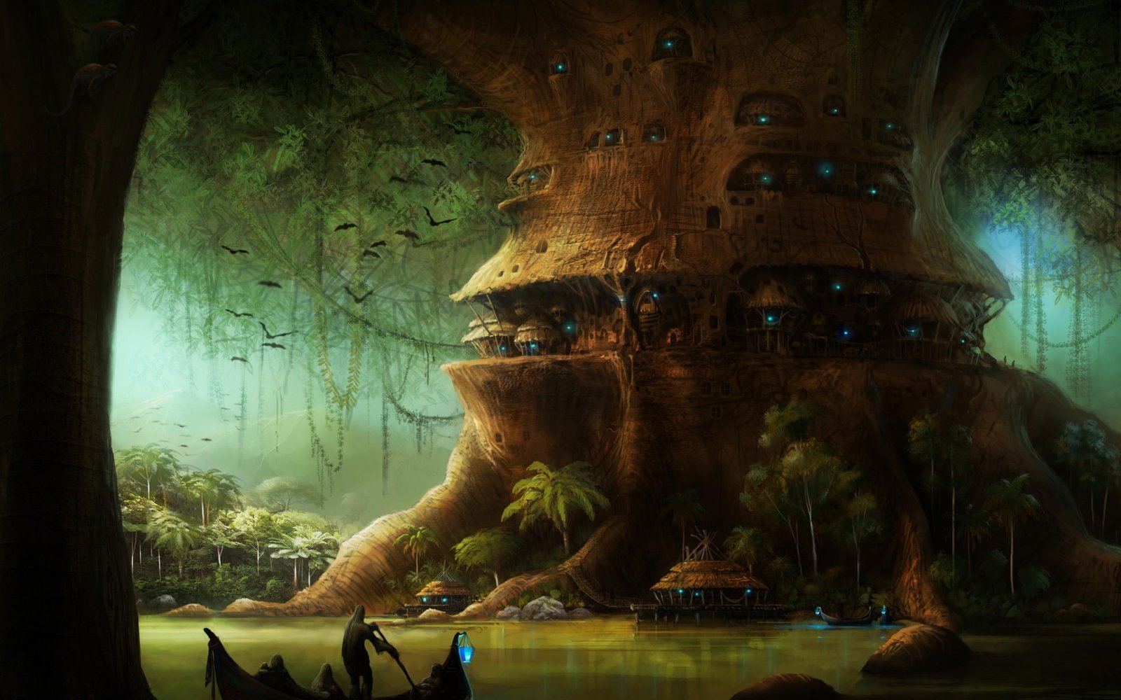 Mystical Elven Village tree village mist grass pixies trees 2k