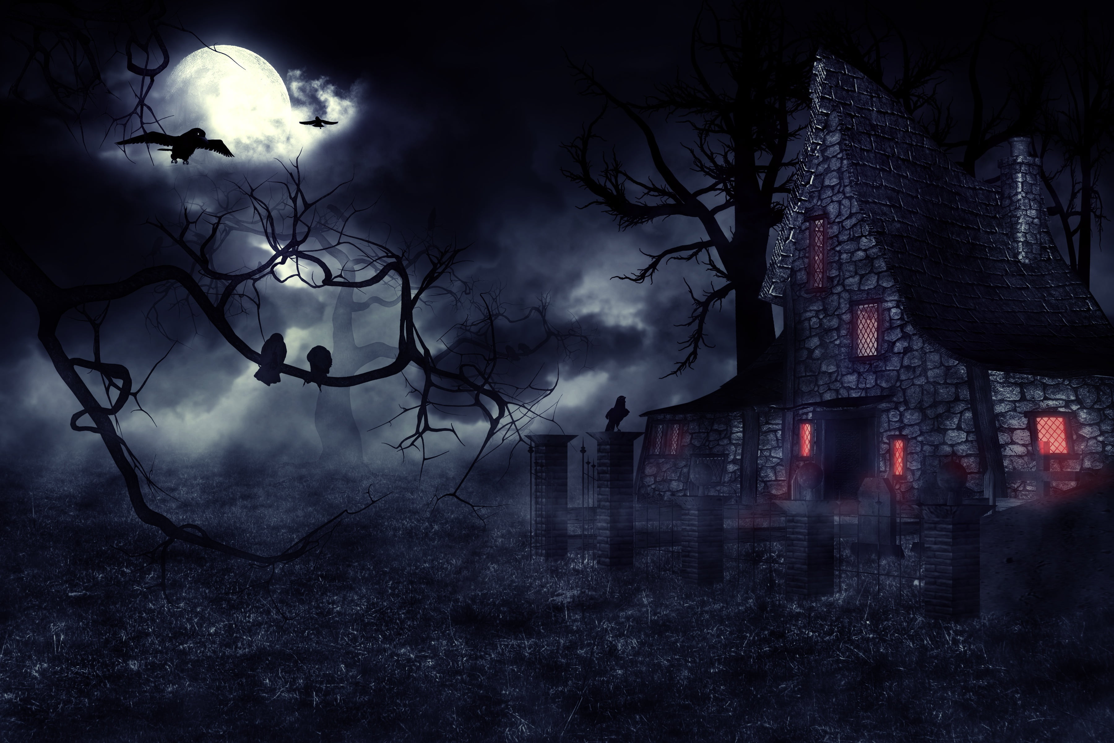 night fog Gothic mystic crows the full moon haunted house 2k 4k