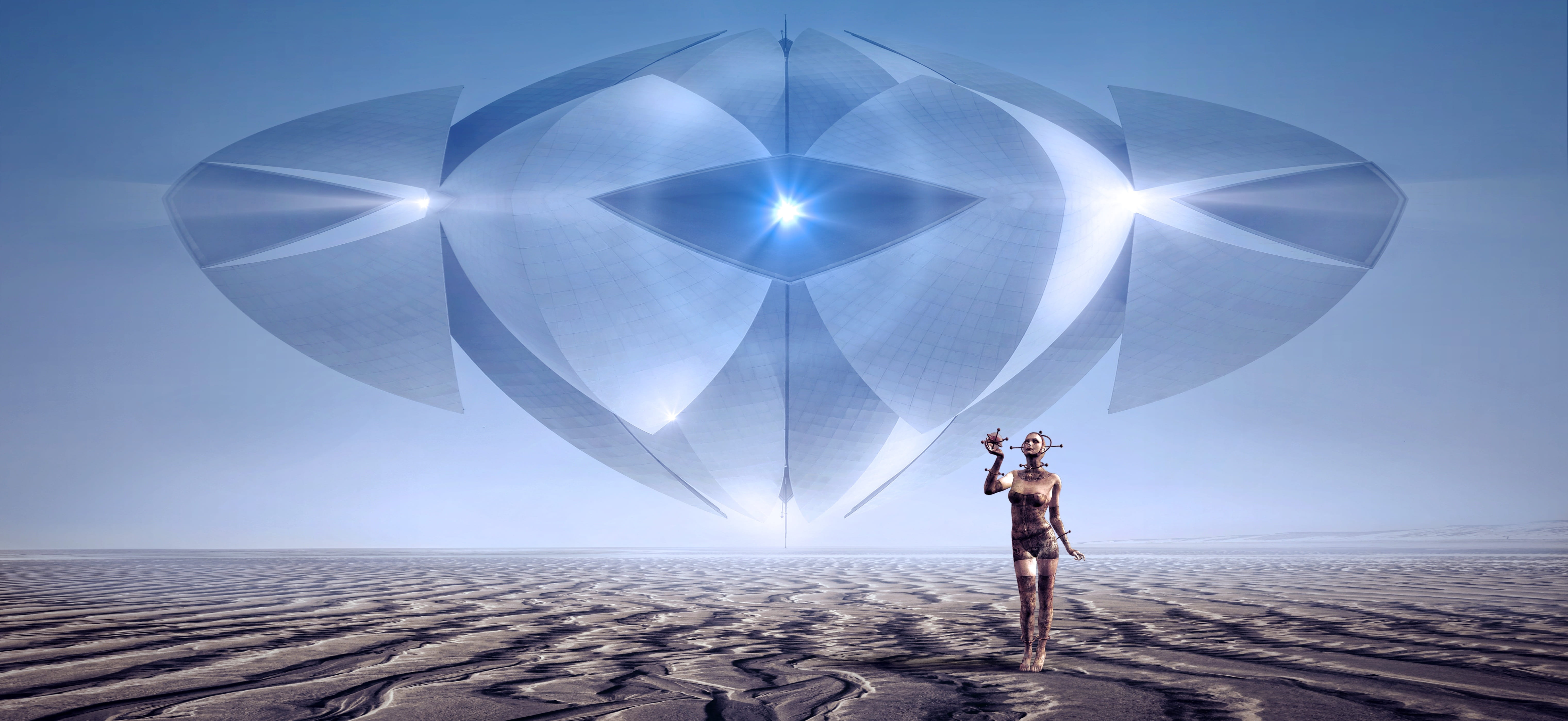 person standing on deserted land near spacecraft fantasy scifi 2k 4k 5k