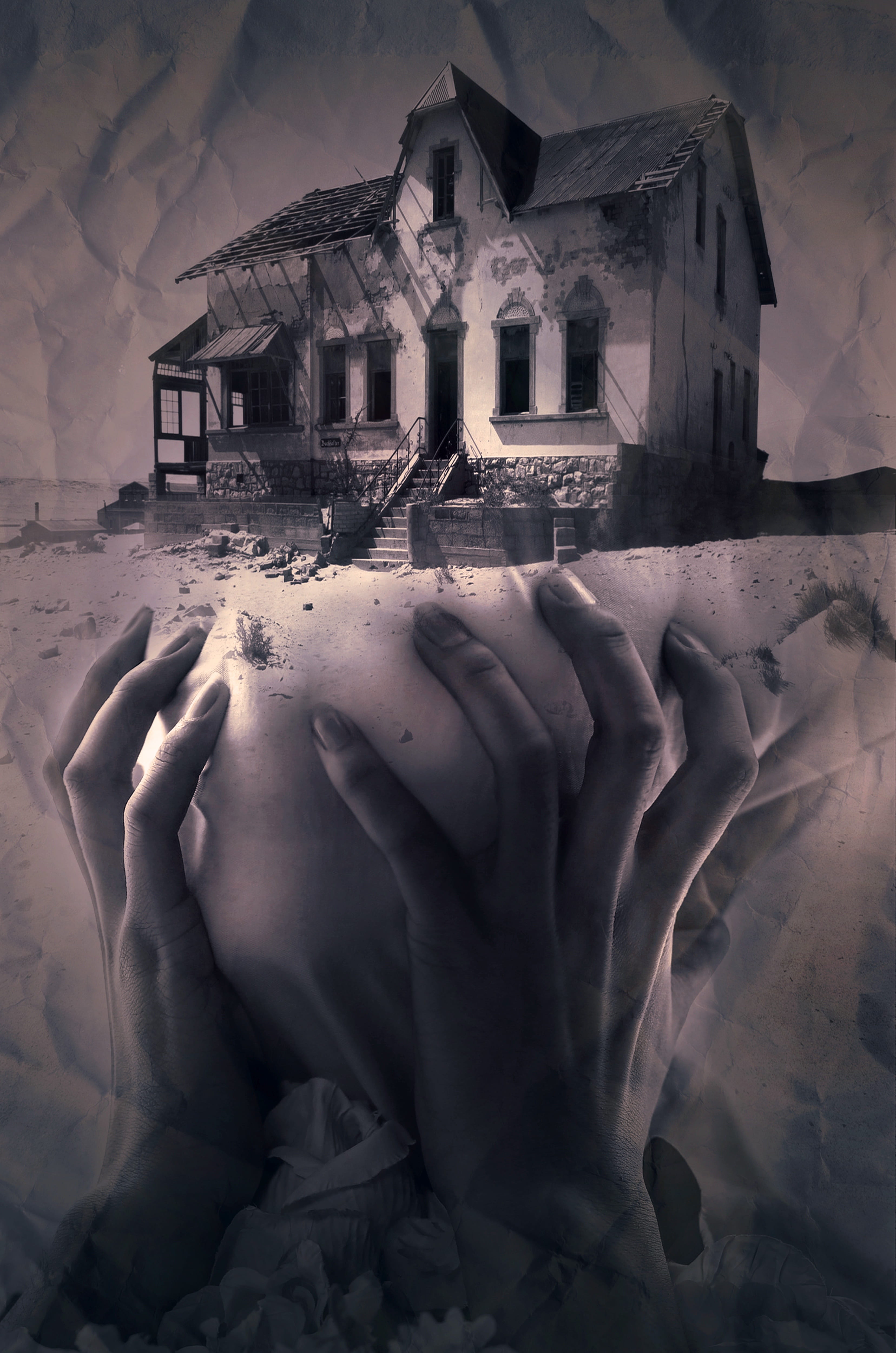 person s hand under house illustration fantasy book cover home 2k