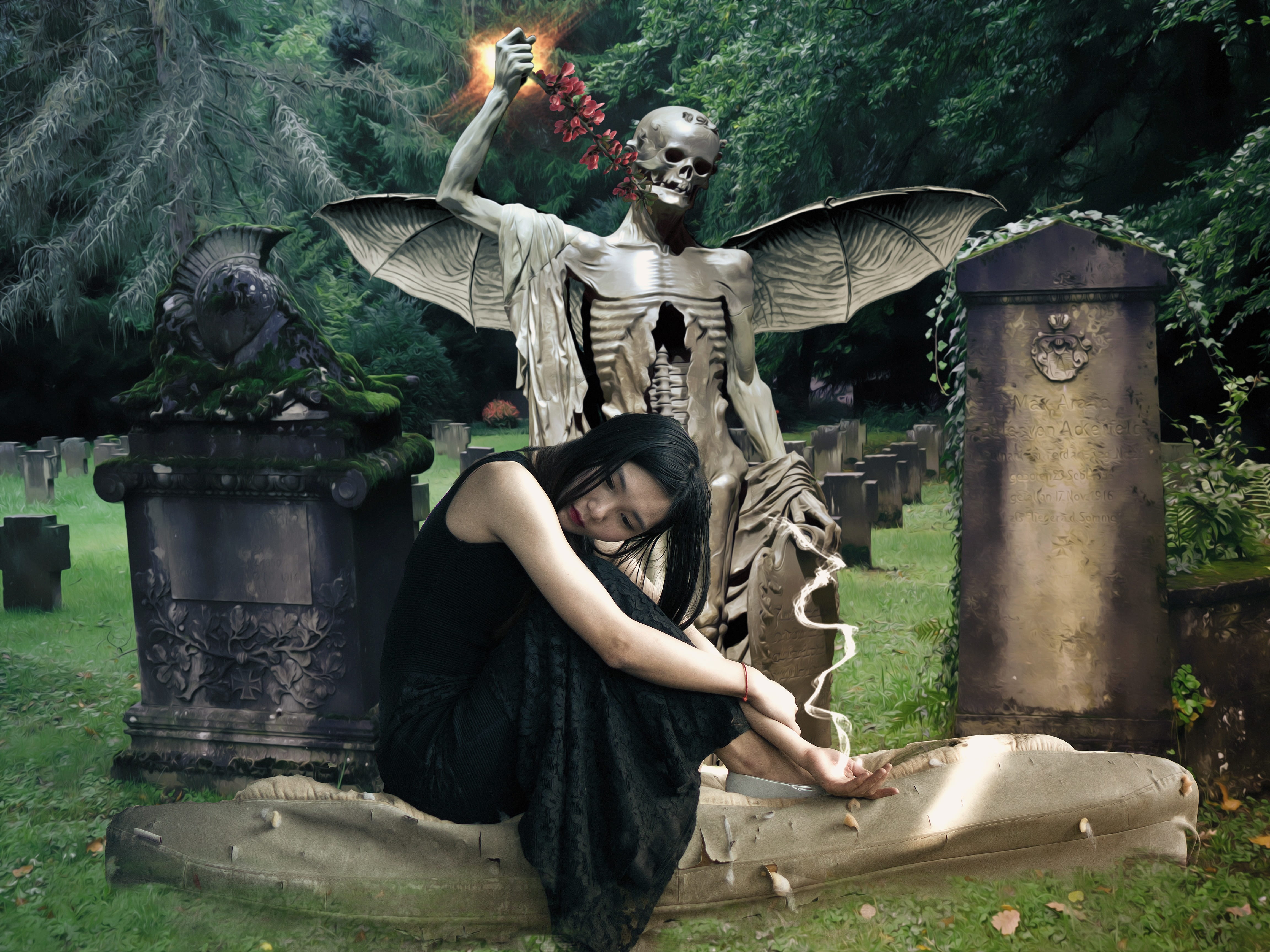 photo of woman sitting beside winged skeleton tomb gothic dark 2k 4k 5k