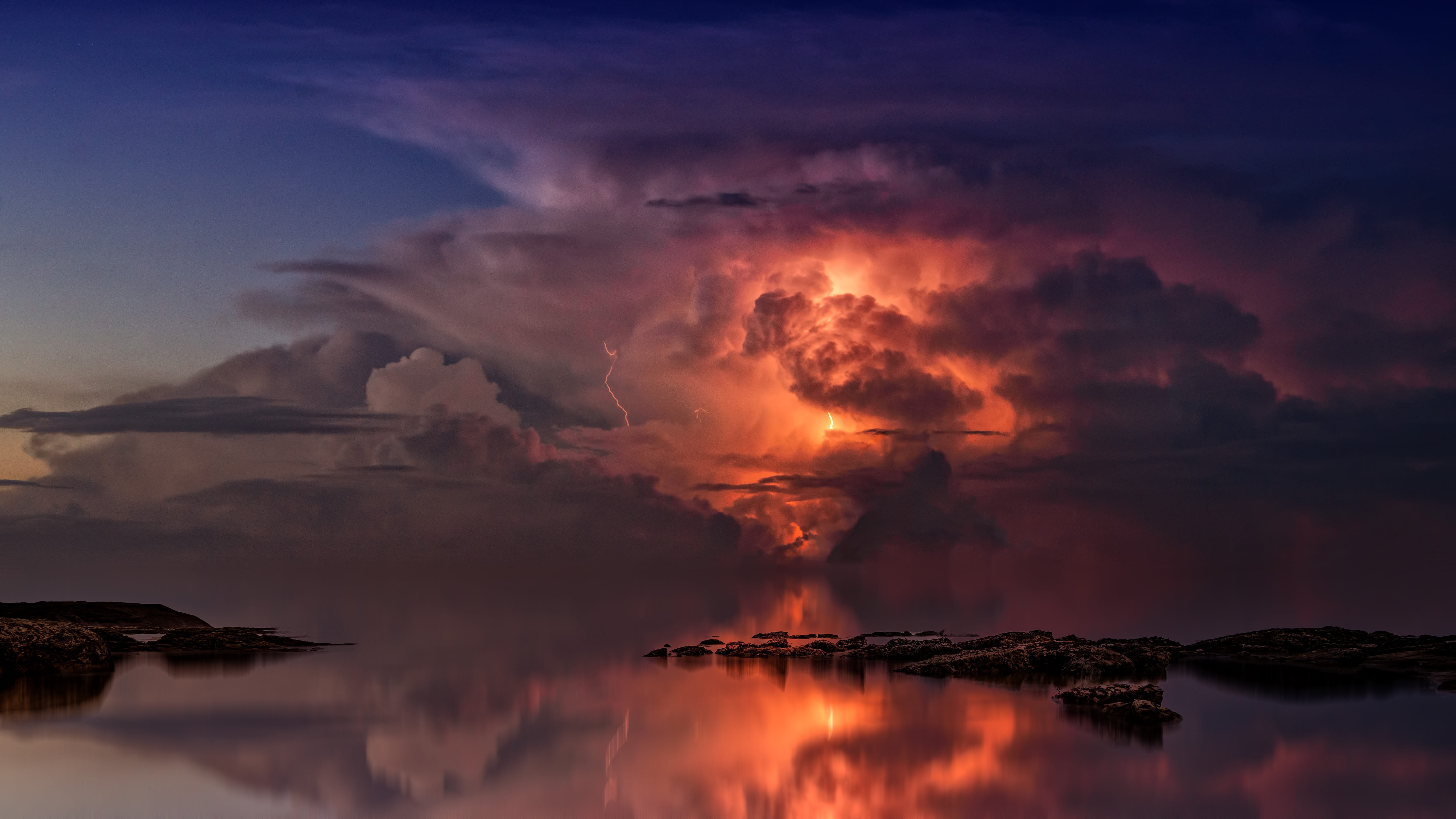 reflection of lightning on body water during golden hour thunderstorm 2k 4k 5k