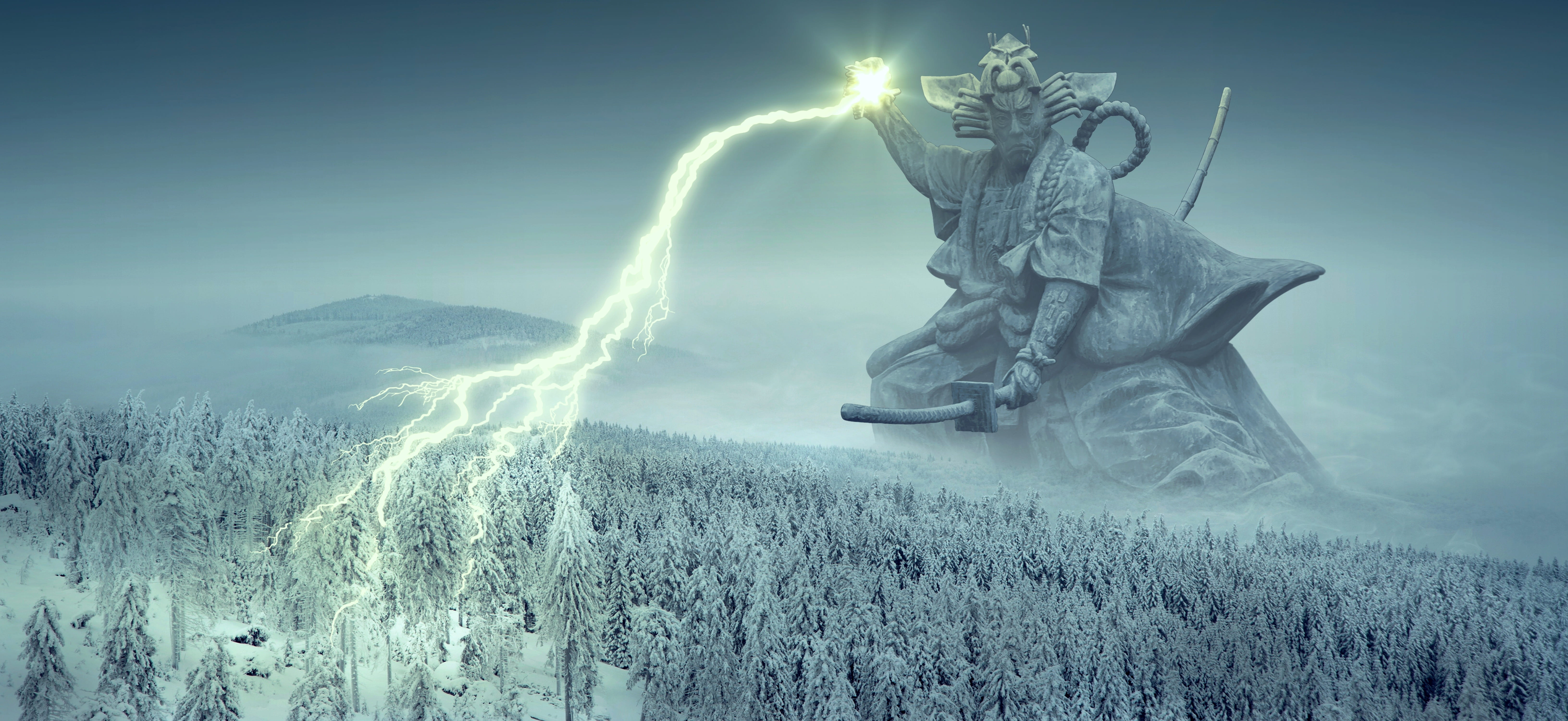statue of god with lightning fantasy flash winter samurai 2k 4k 5k