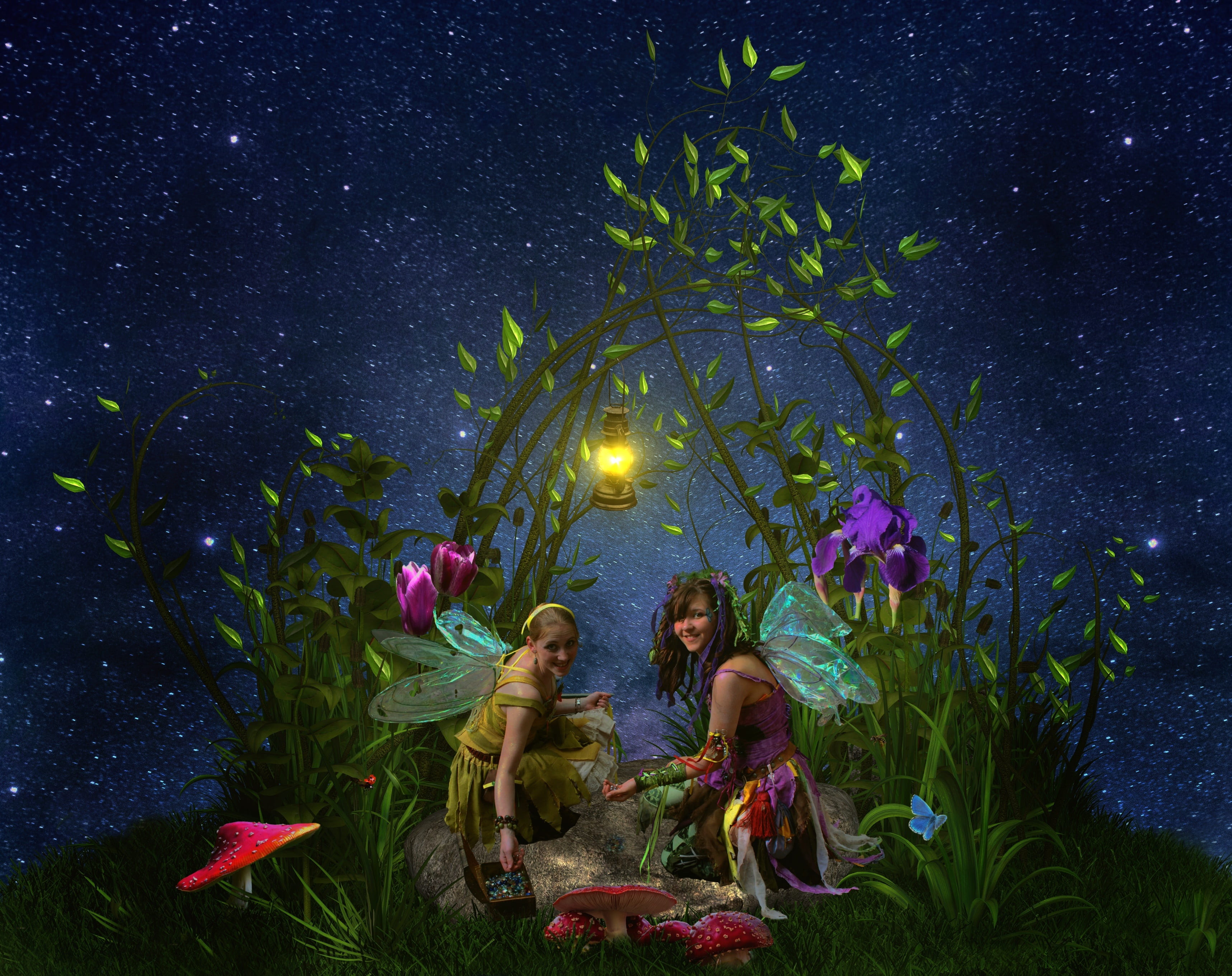 two women sitting near the flowers fee angel elf wing mystical 2k