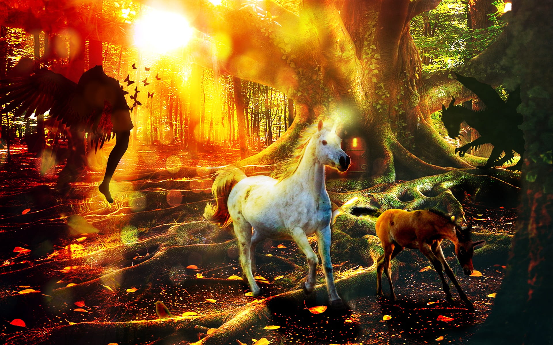 whit and brown stallions running fantasy unicorn forest fairy 2k