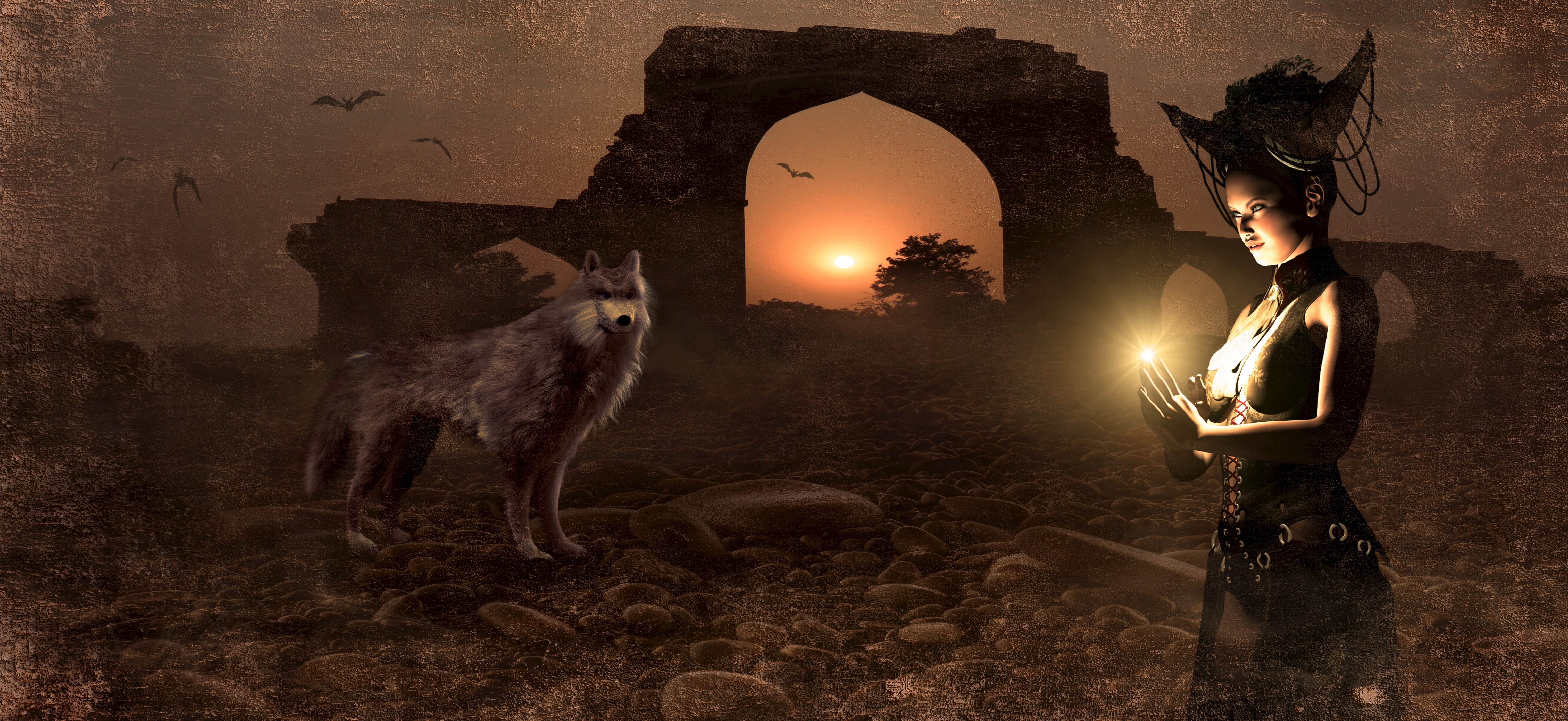 witch standing near wolf poster fantasy archway mage conjure 2k 4k 5k