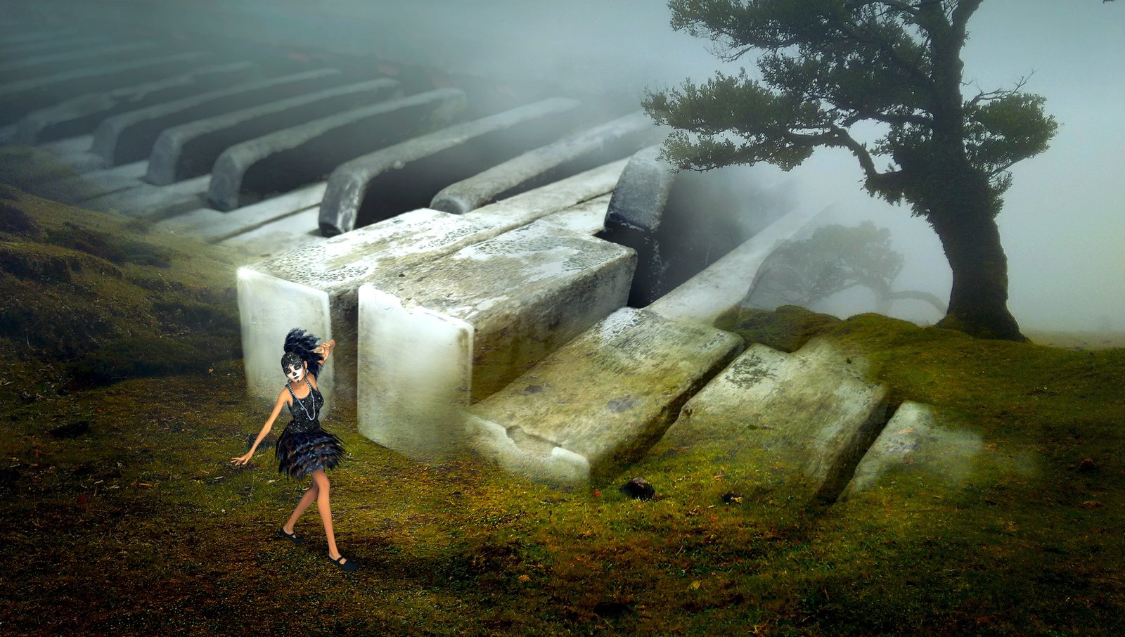 woman in black dress on green mountain fantasy landscape piano 2k 4k 5k