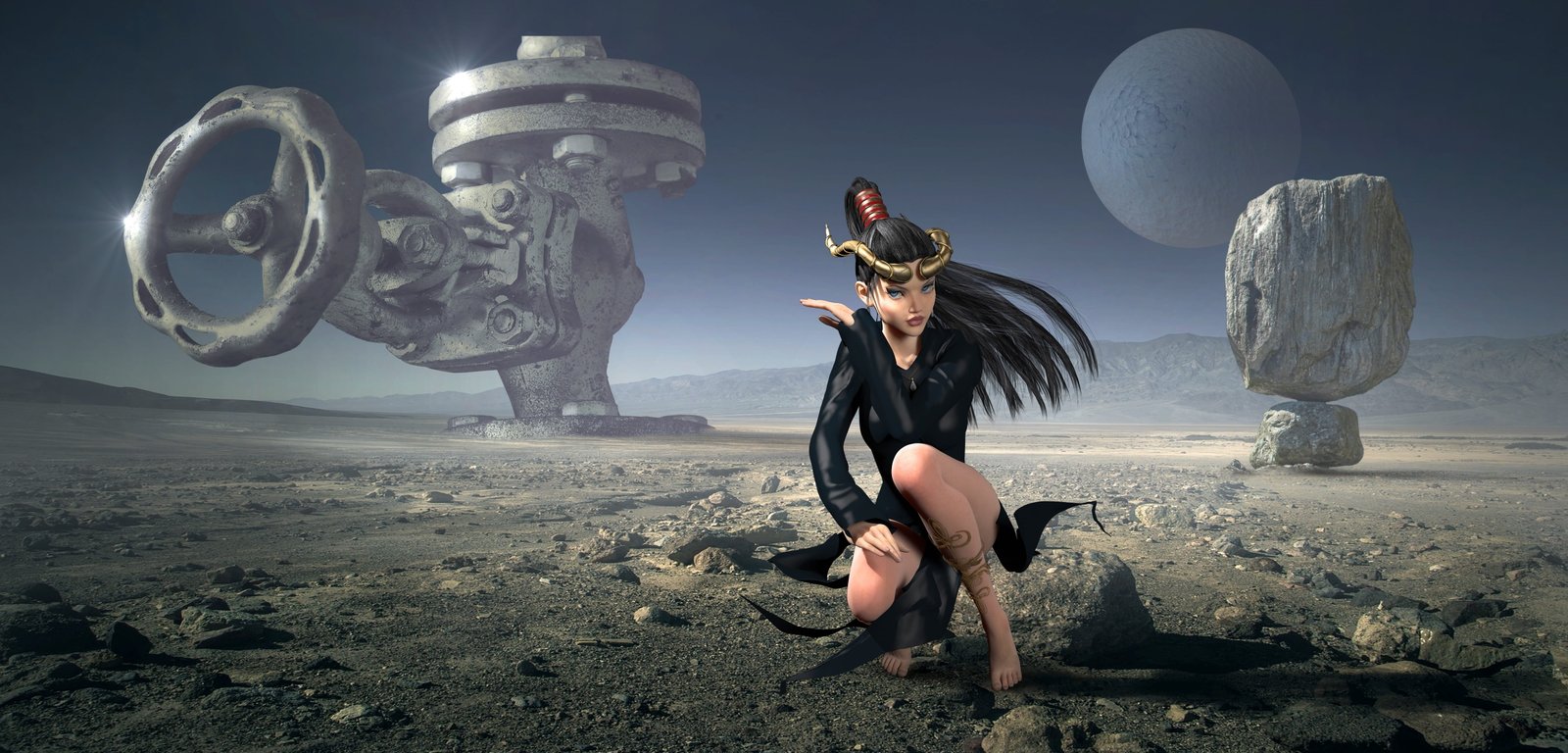 woman in black suit illustration fantasy planet landscape 2k 4k 5k