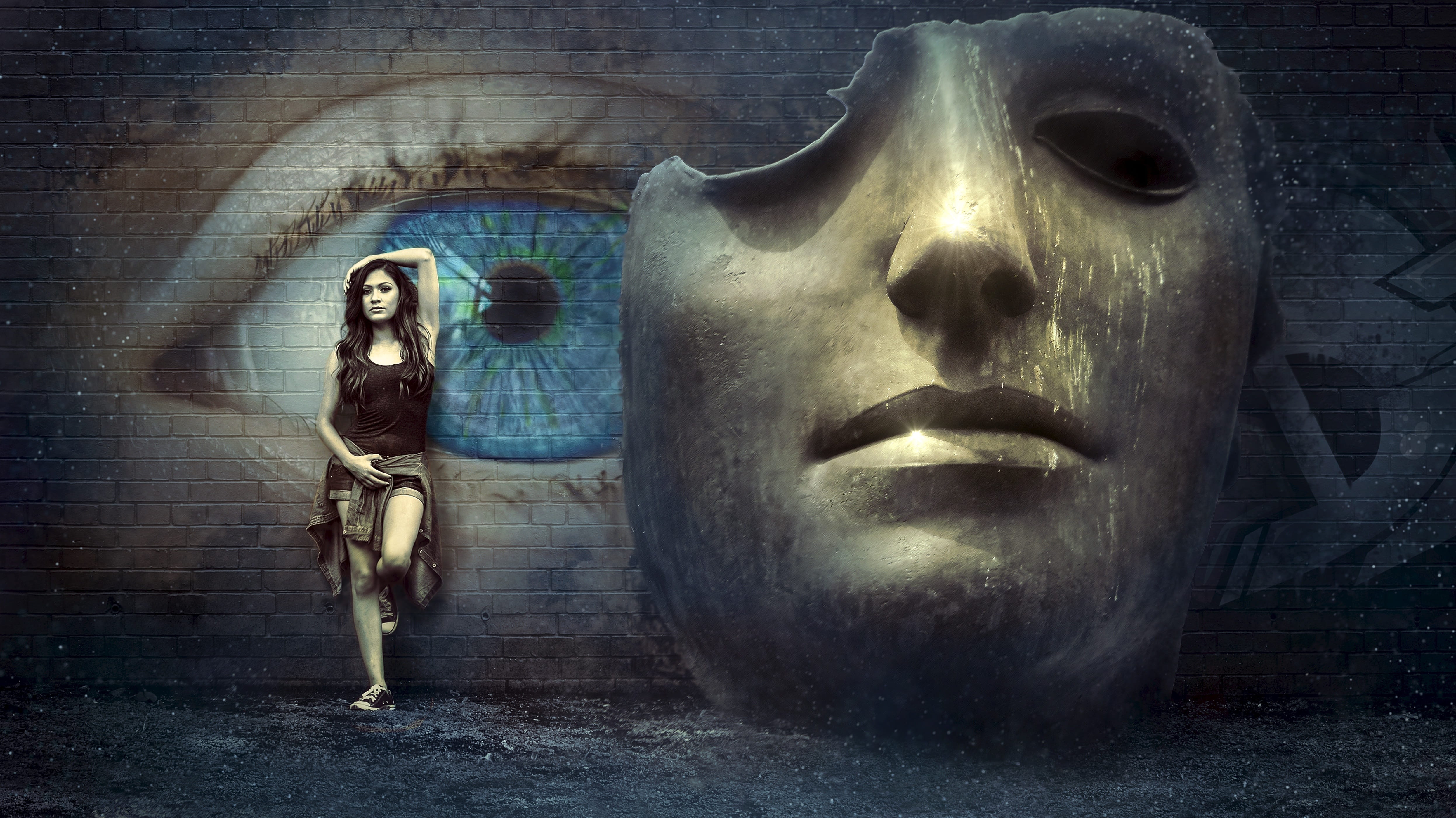 woman in black tanktop near gray and blue wall with eye mask graffiti photography 2k 4k 5k