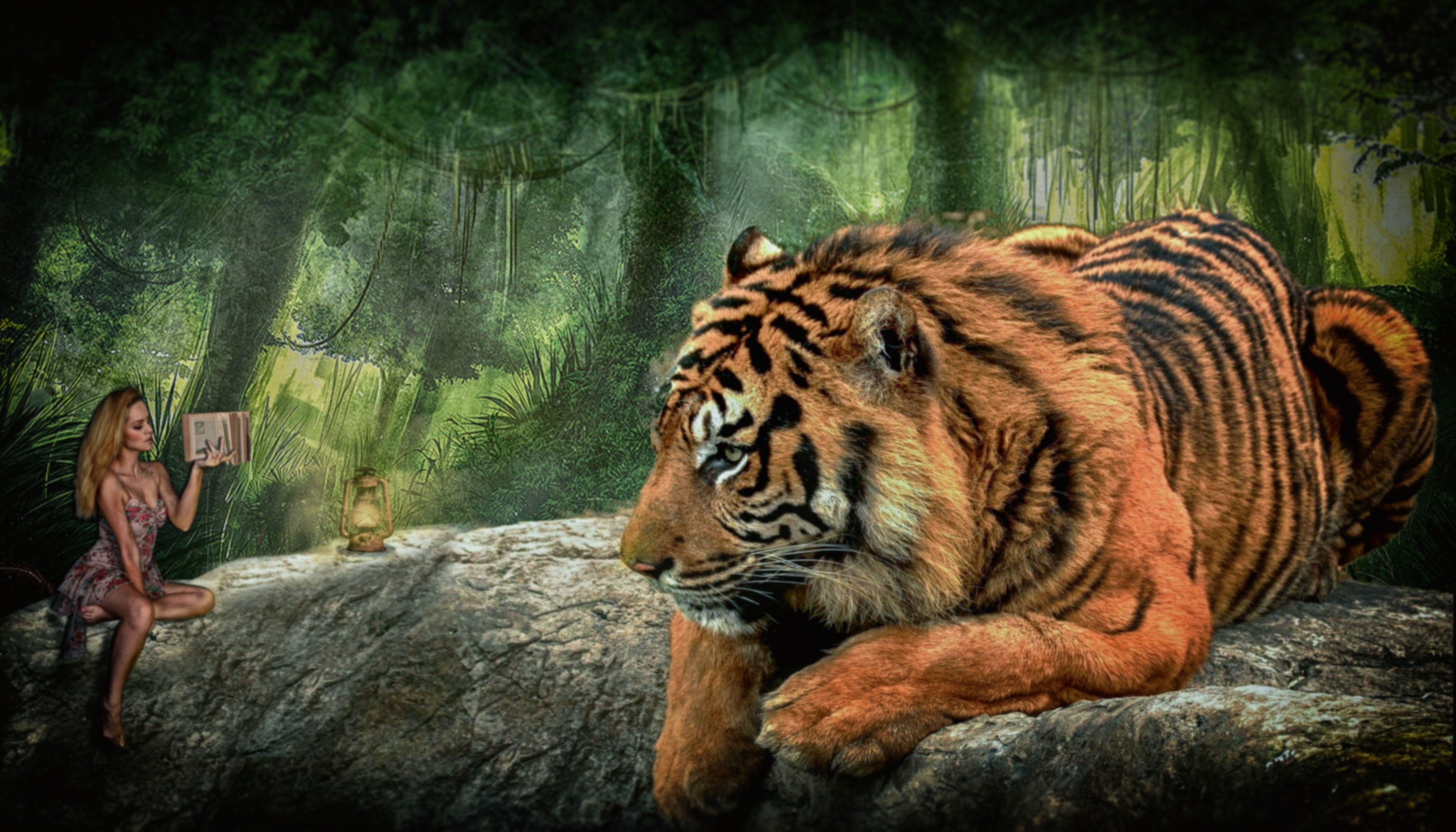 woman sitting beside tiger painting forest fairytale mood 2k 4k