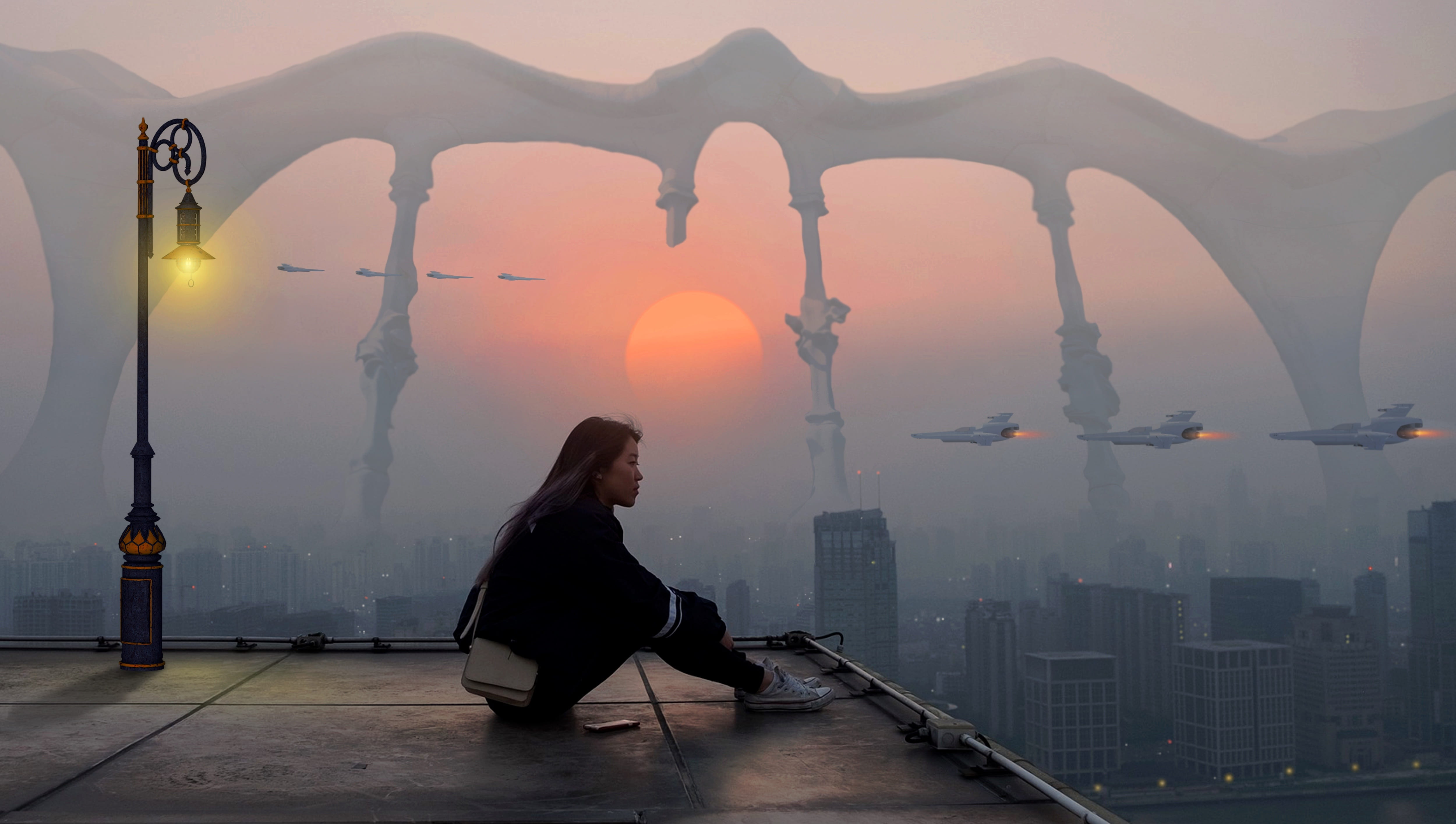 woman sitting on top of building fantasy girl city sunrise 2k 4k 5k