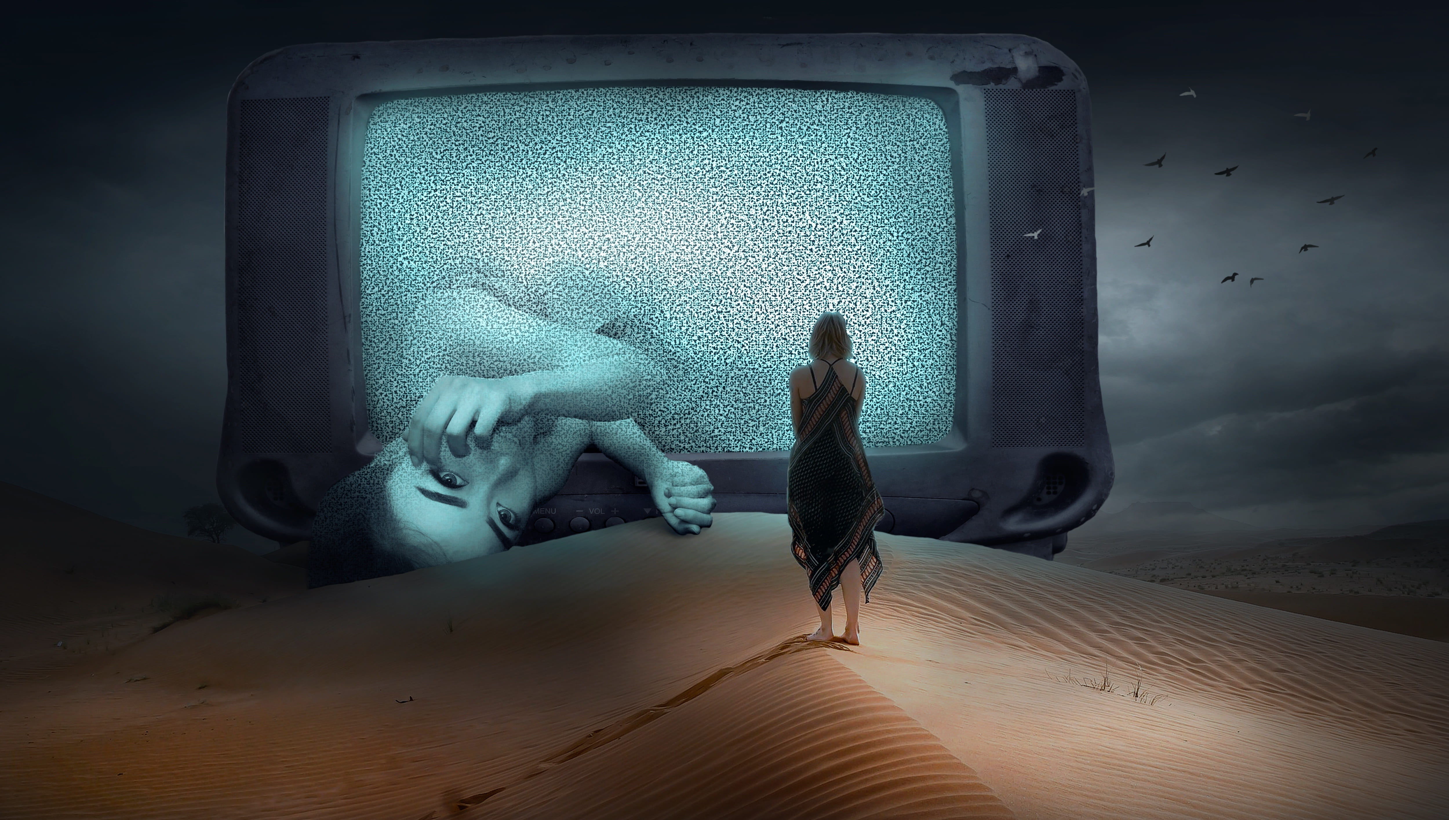 woman standing watching in the giant CRT television fantasy 2k 4k 5k