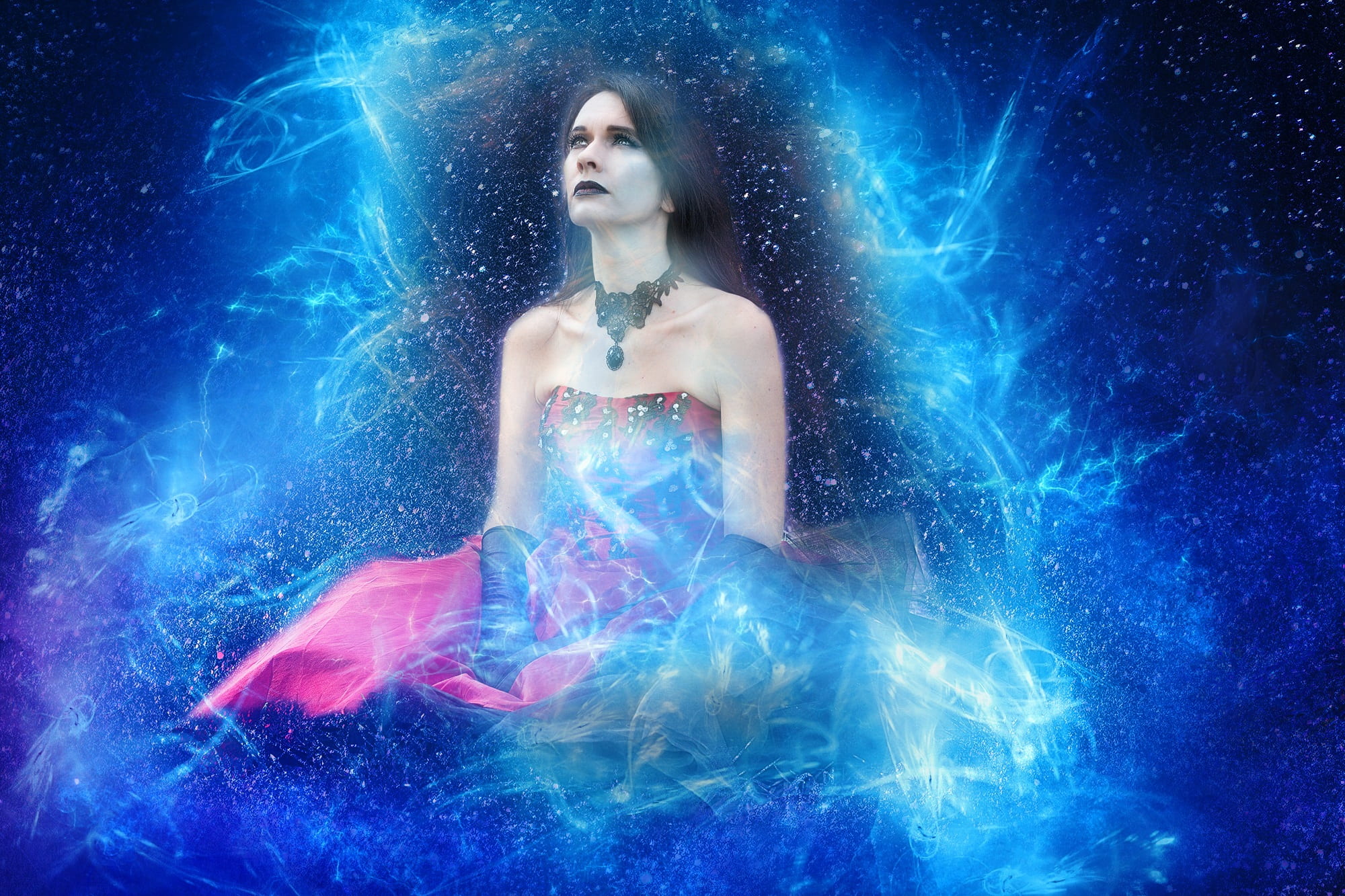 woman wearing red strapless dress illustration spiritual mystical 2k