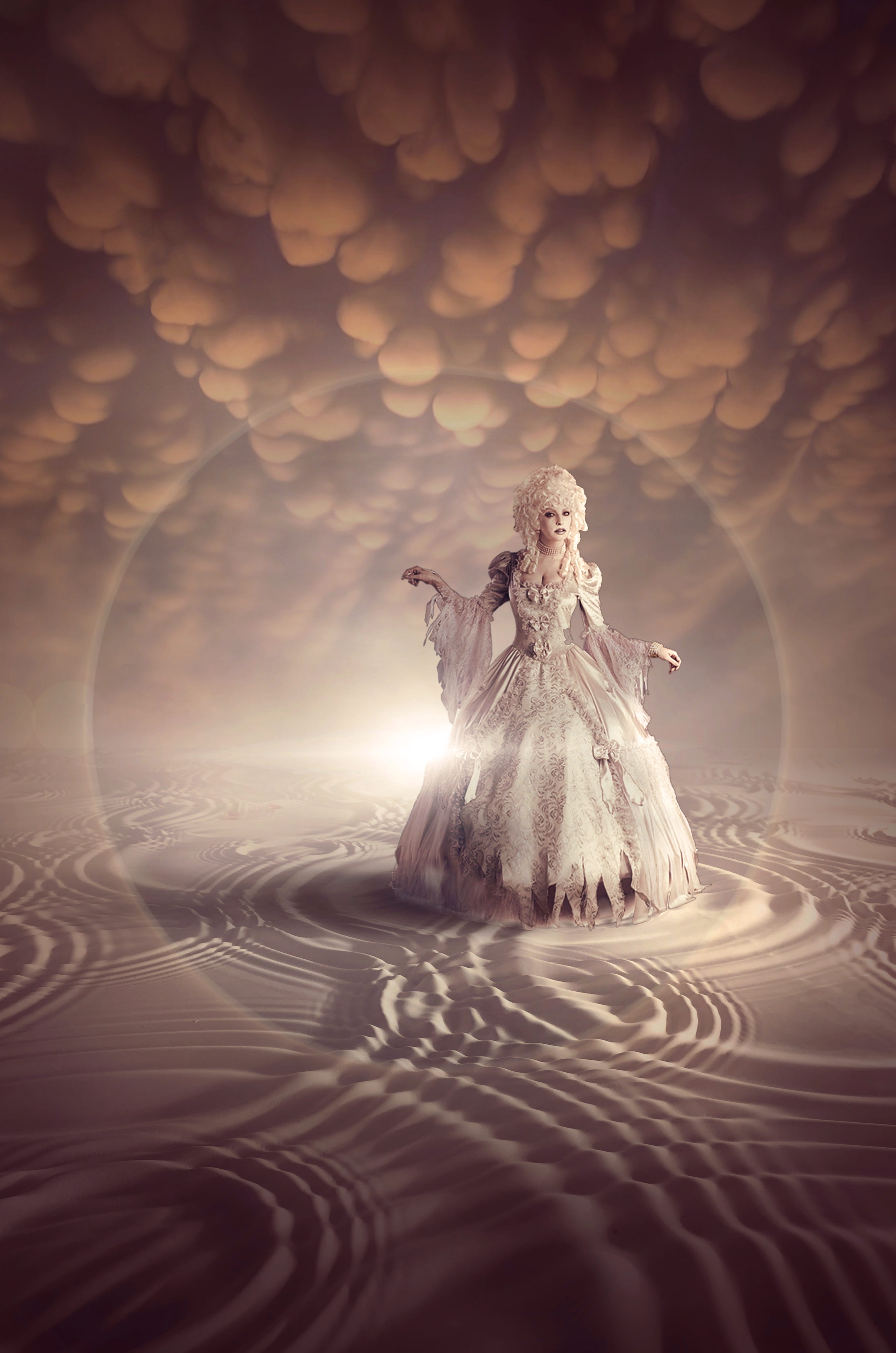 woman wearing white long sleeved gown fantasy book cover clouds 2k