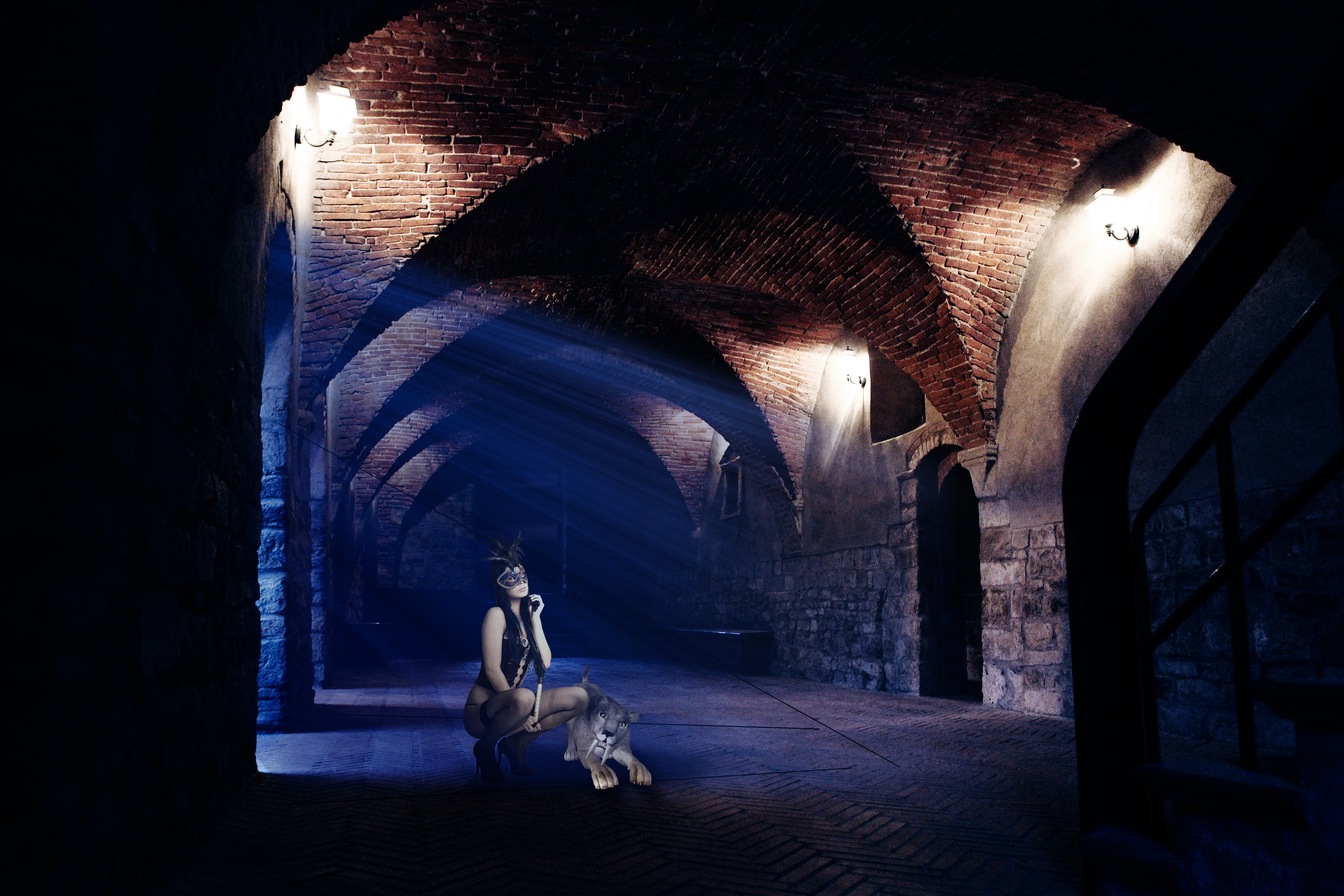 woman with puppy inside concrete dome gothic vault side light 2k 4k 5k