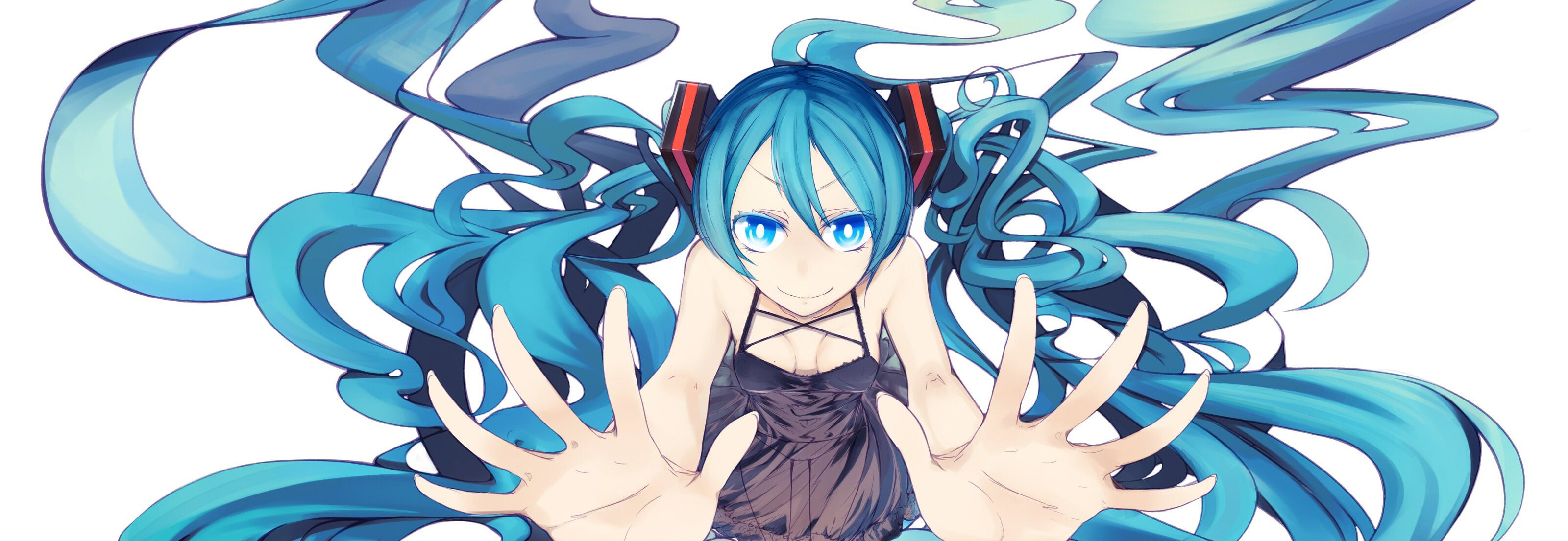 aqua cleavage dress dual eyes hair hatsune long miku widescreen dualmonitor dualscreen 2k