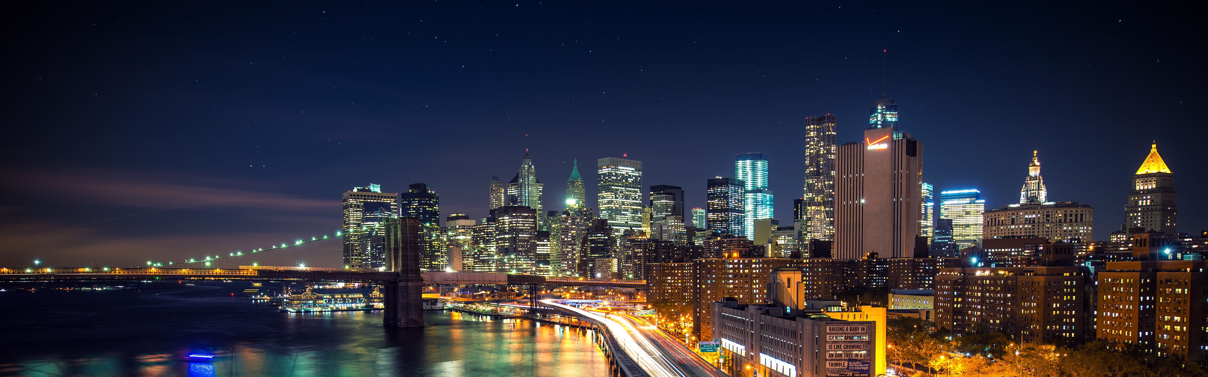 city skyline New York City night lights long exposure Brooklyn Bridge widescreen dualmonitor dualscreen 2k 4k