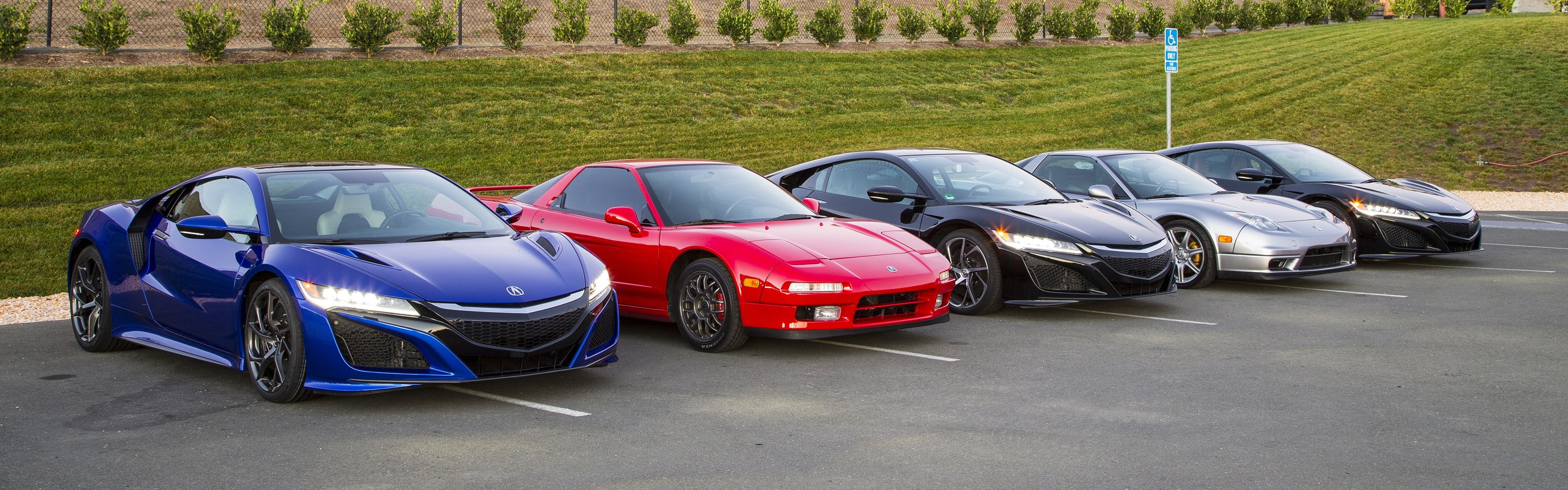 five assorted color coupes Acura NSX car vehicle parking lot widescreen dualmonitor dualscreen 2k 4k