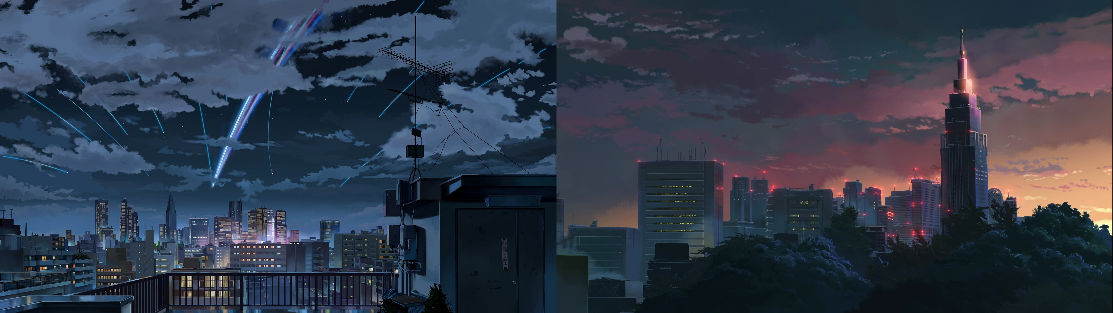 gray concrete buildings collage Kimi no Na Wa anime dual monitors widescreen dualmonitor dualscreen 2k 4k